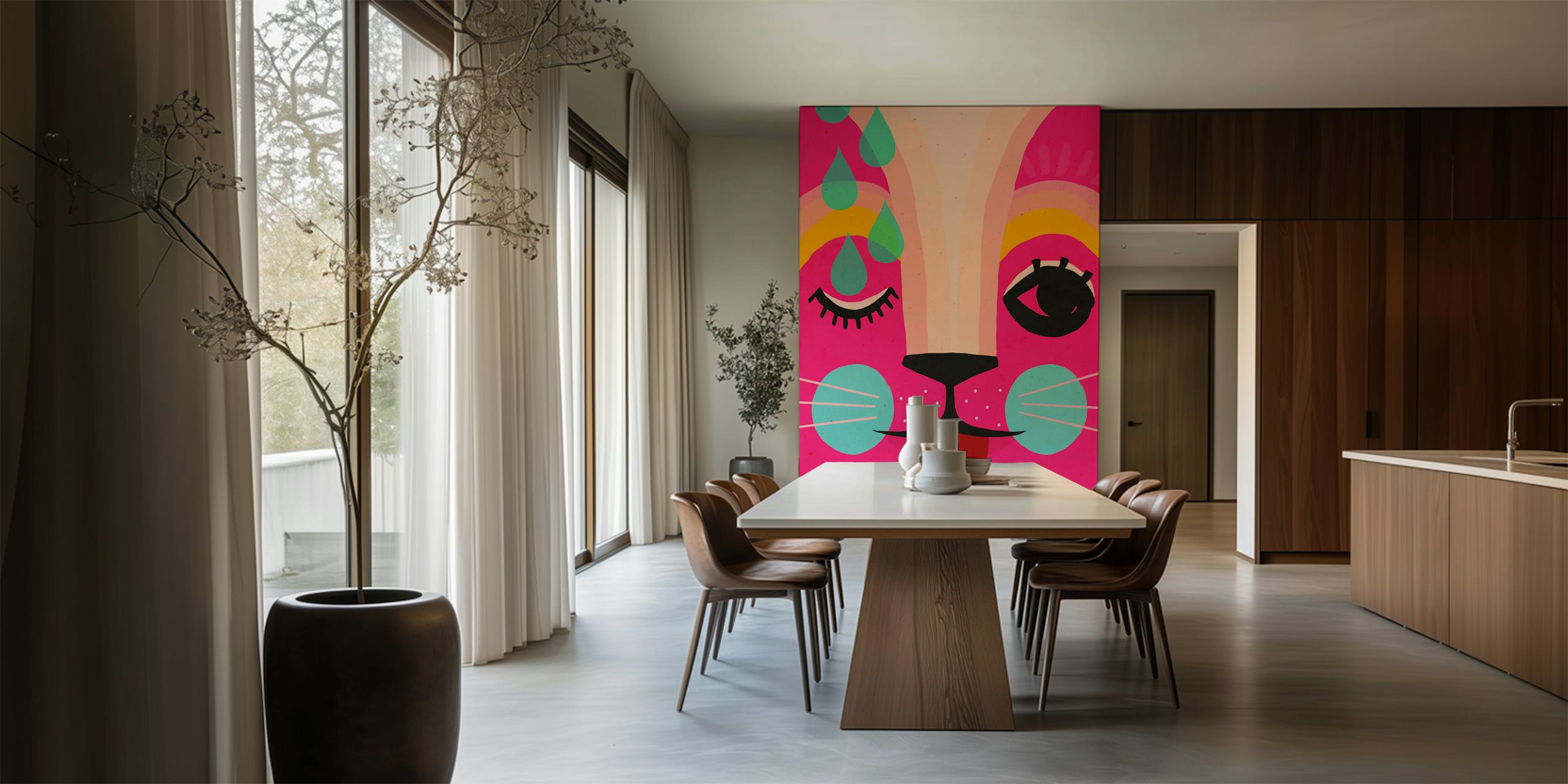 Colorful cat face with pink background, teal details, modern style wallpaper