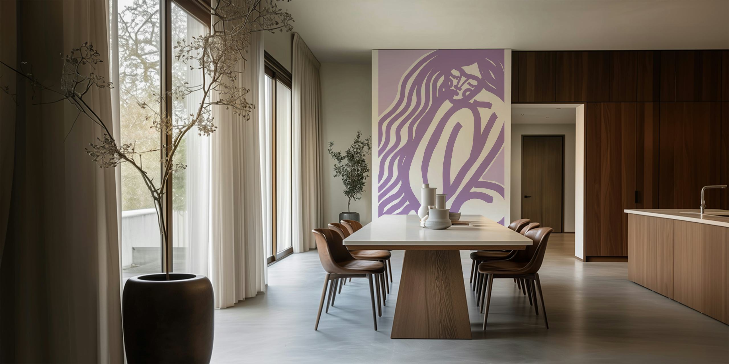 Carta da parati viola con un'illustrazione di donna elegante