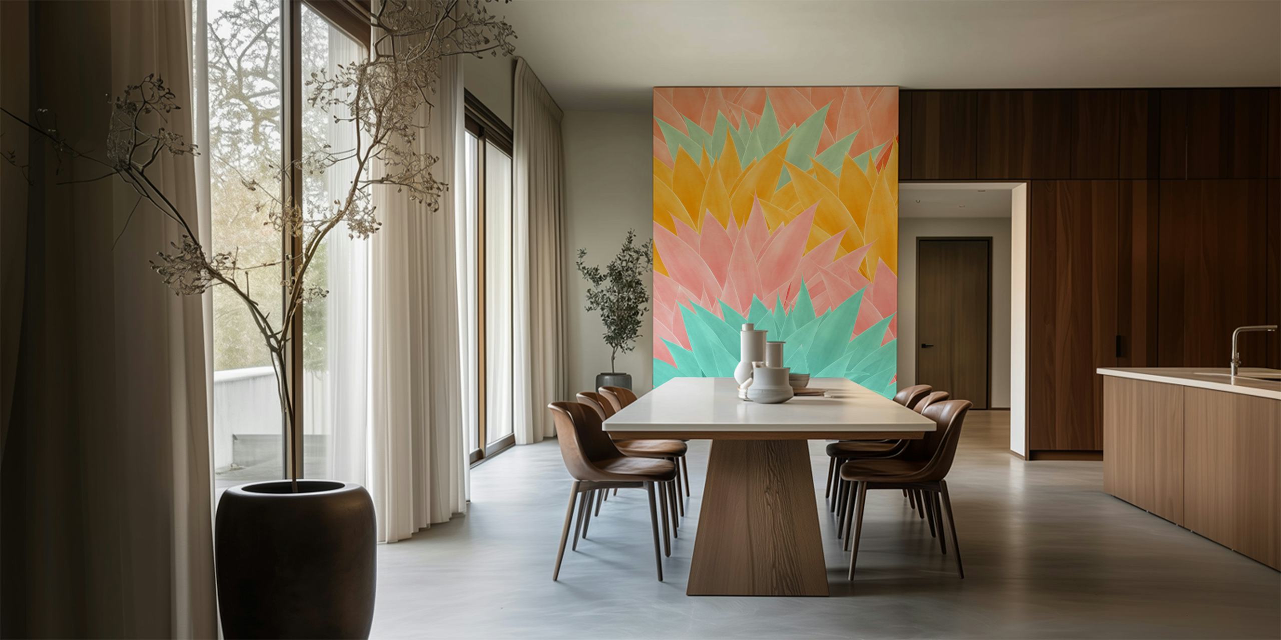 Colorful agave leaf pattern wall mural in shades of pink, yellow, and aqua for contemporary interior design.