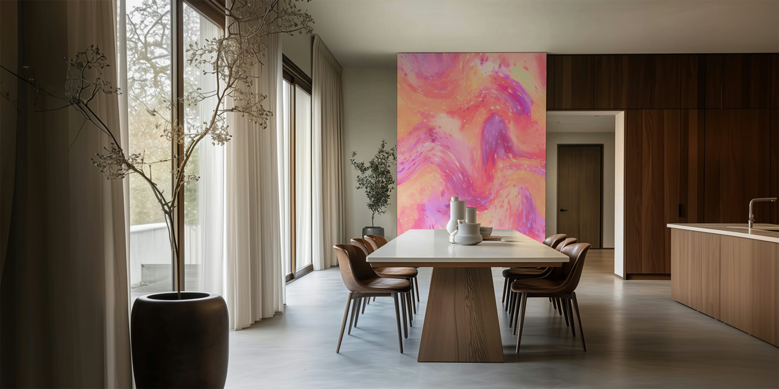 Pastel abstract swirl pattern in soft pink, lavender, and peach tones wallpaper