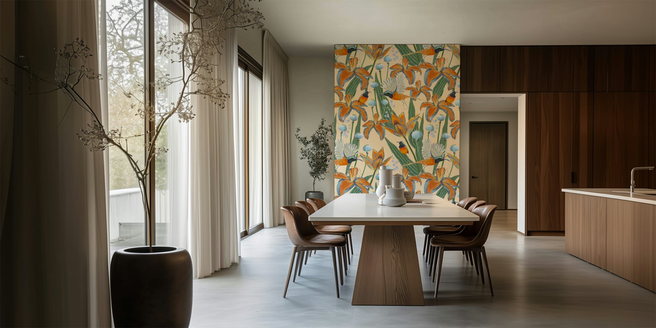 A wall mural with bee-eater birds and sunflowers in a botanical illustration style