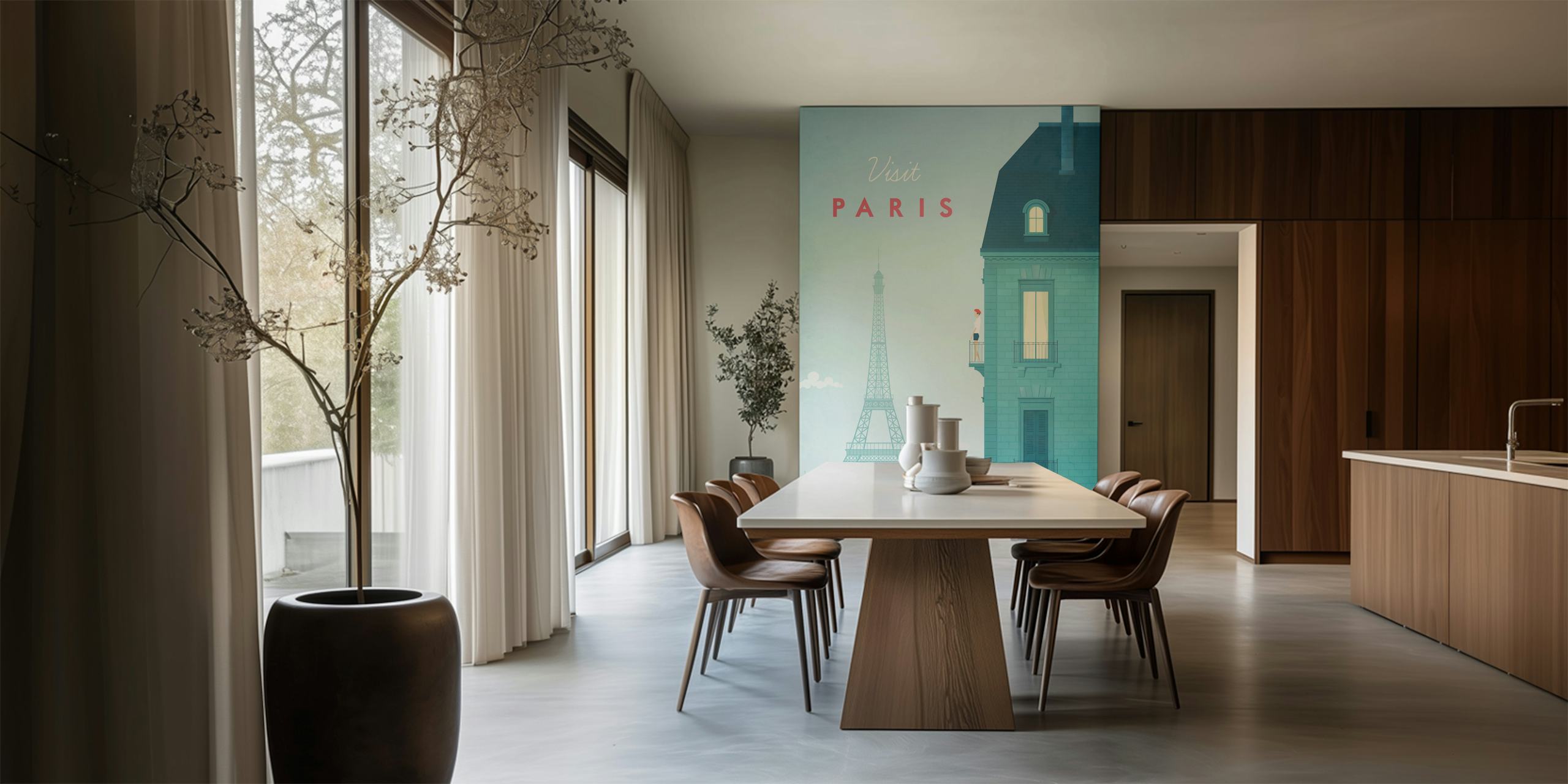 Ilustrativní fototapeta Paříž s Eiffelovou věží a estetikou retro cestovního plakátu