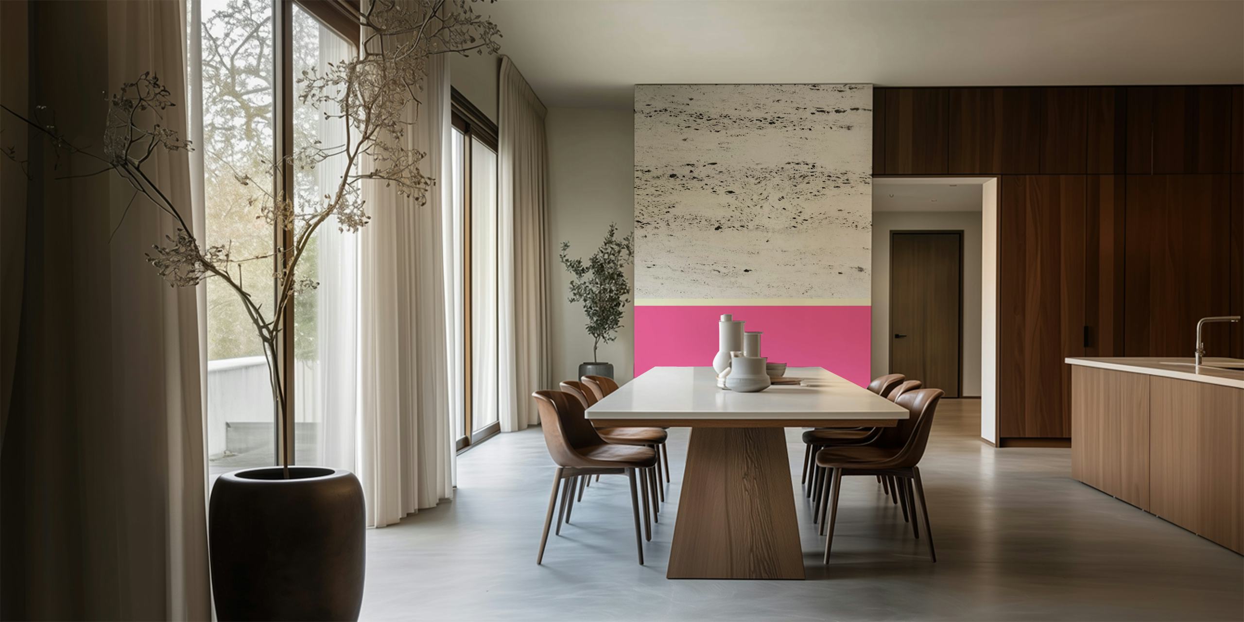 Pink and pale yellow wallpaper design on wall