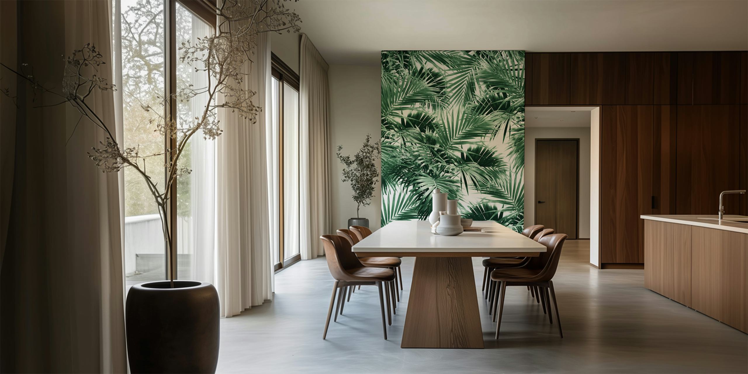 Tropical palm leaf pattern in green tones wallpaper