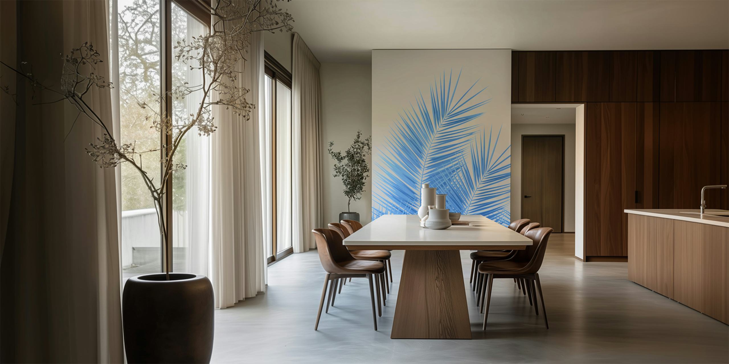 Blue tropical palm leaves on gray background wallpaper