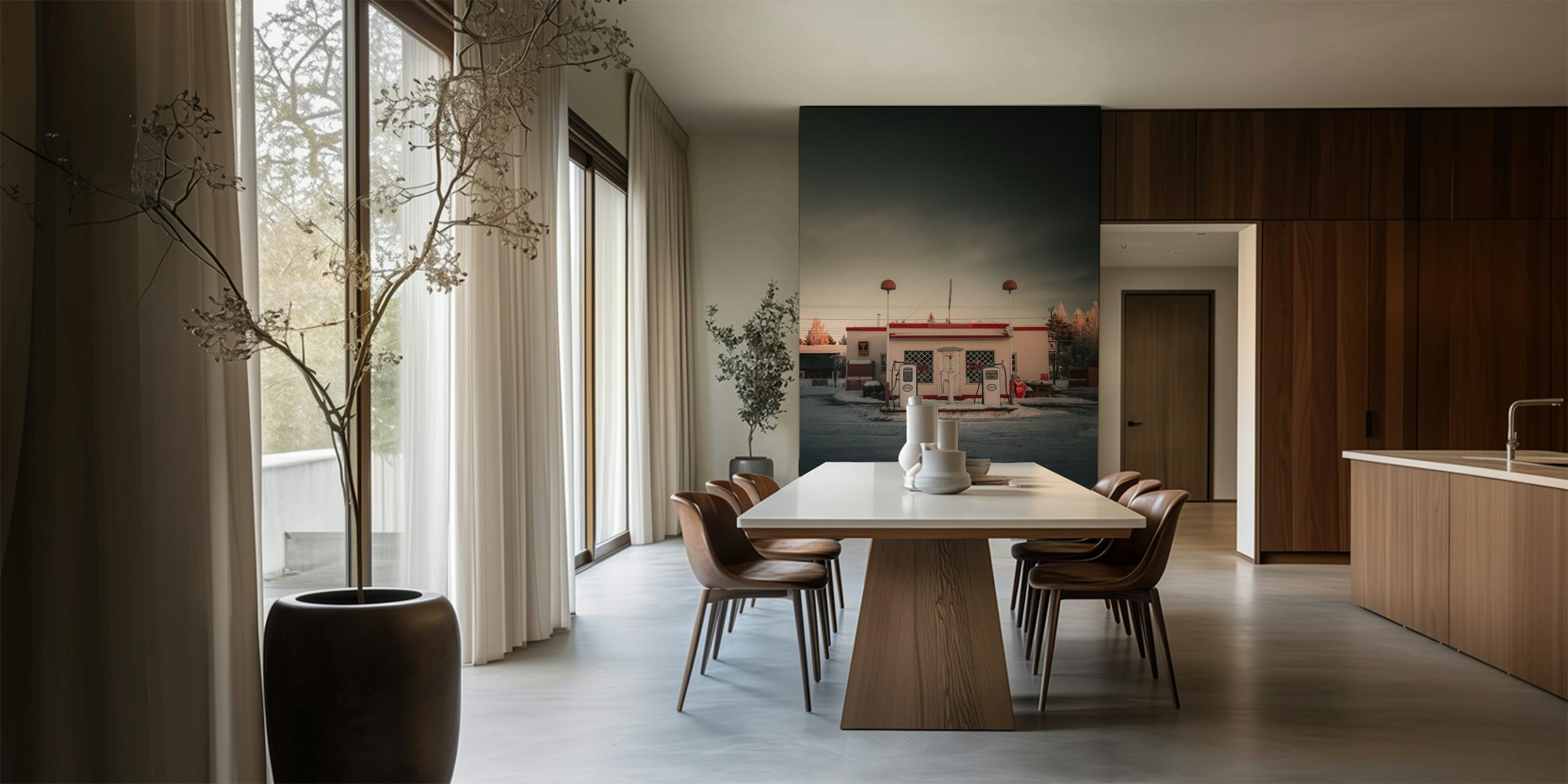 Vintage gas station with white and red details, retro style wallpaper