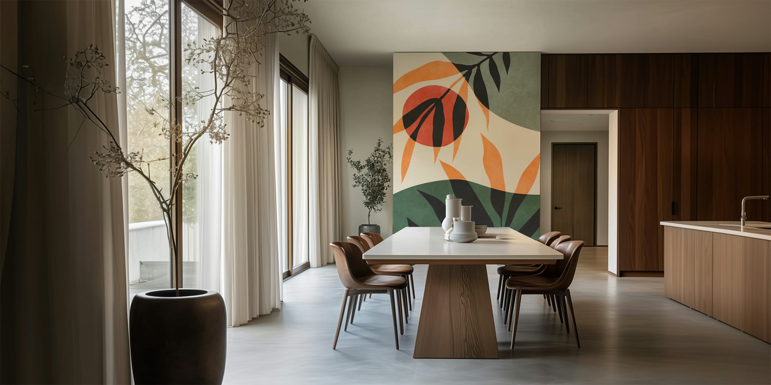 Botanical abstract design with earthy leaves and red circles wallpaper