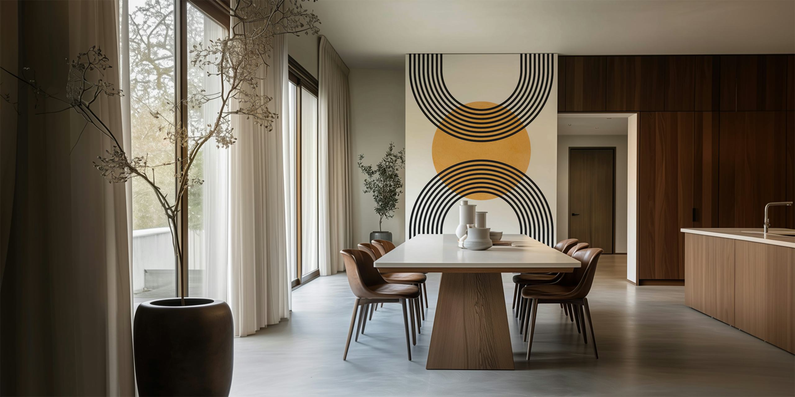 Minimalist lines and circles wall mural in black and gold tones