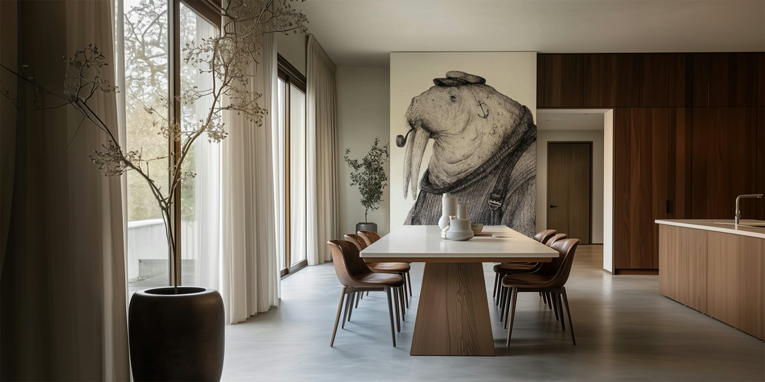 Skurriles Walross-Matrosen-Illustrations-Wandbild