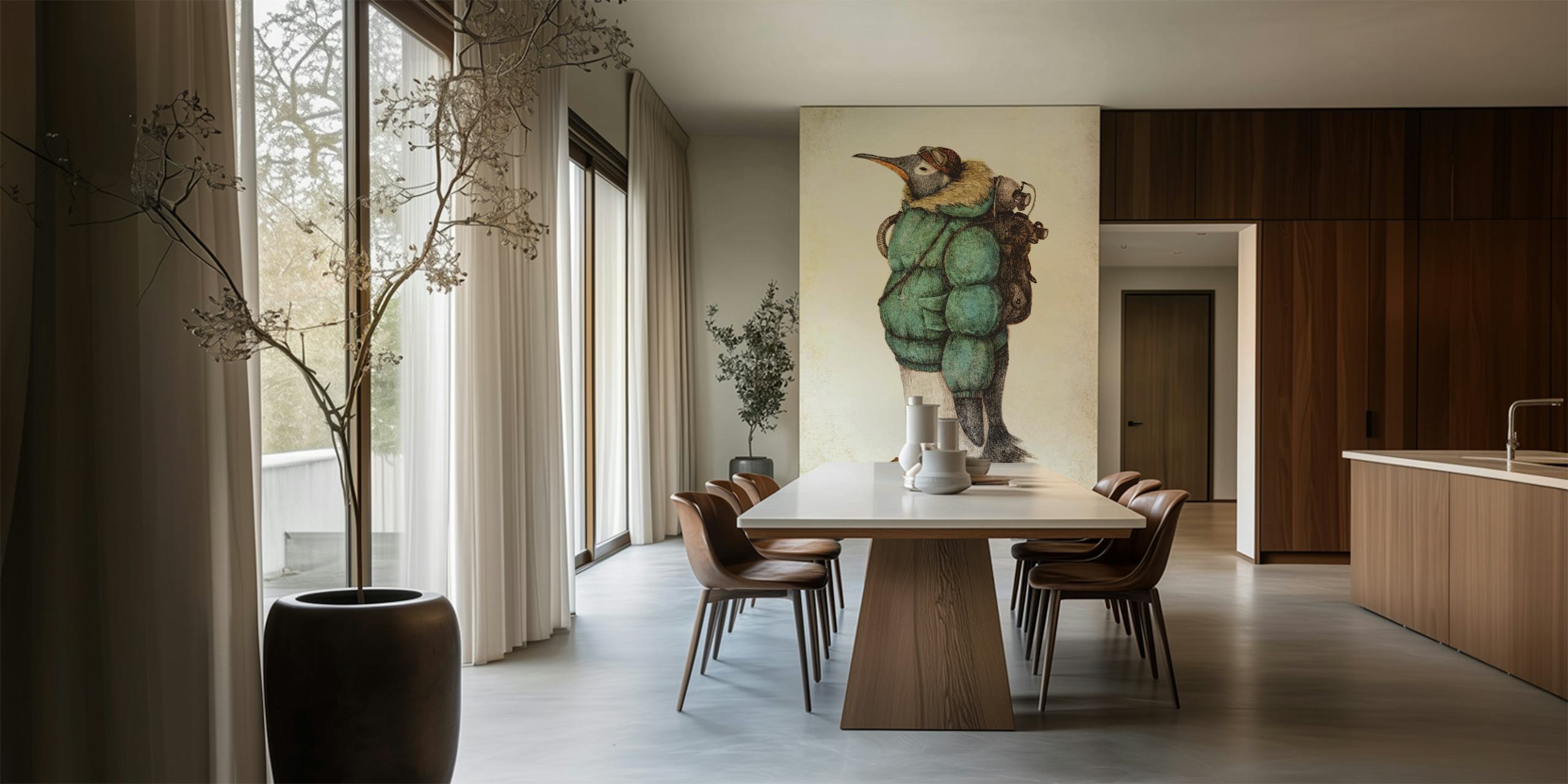 Penguin wearing a green jacket and backpack art wallpaper