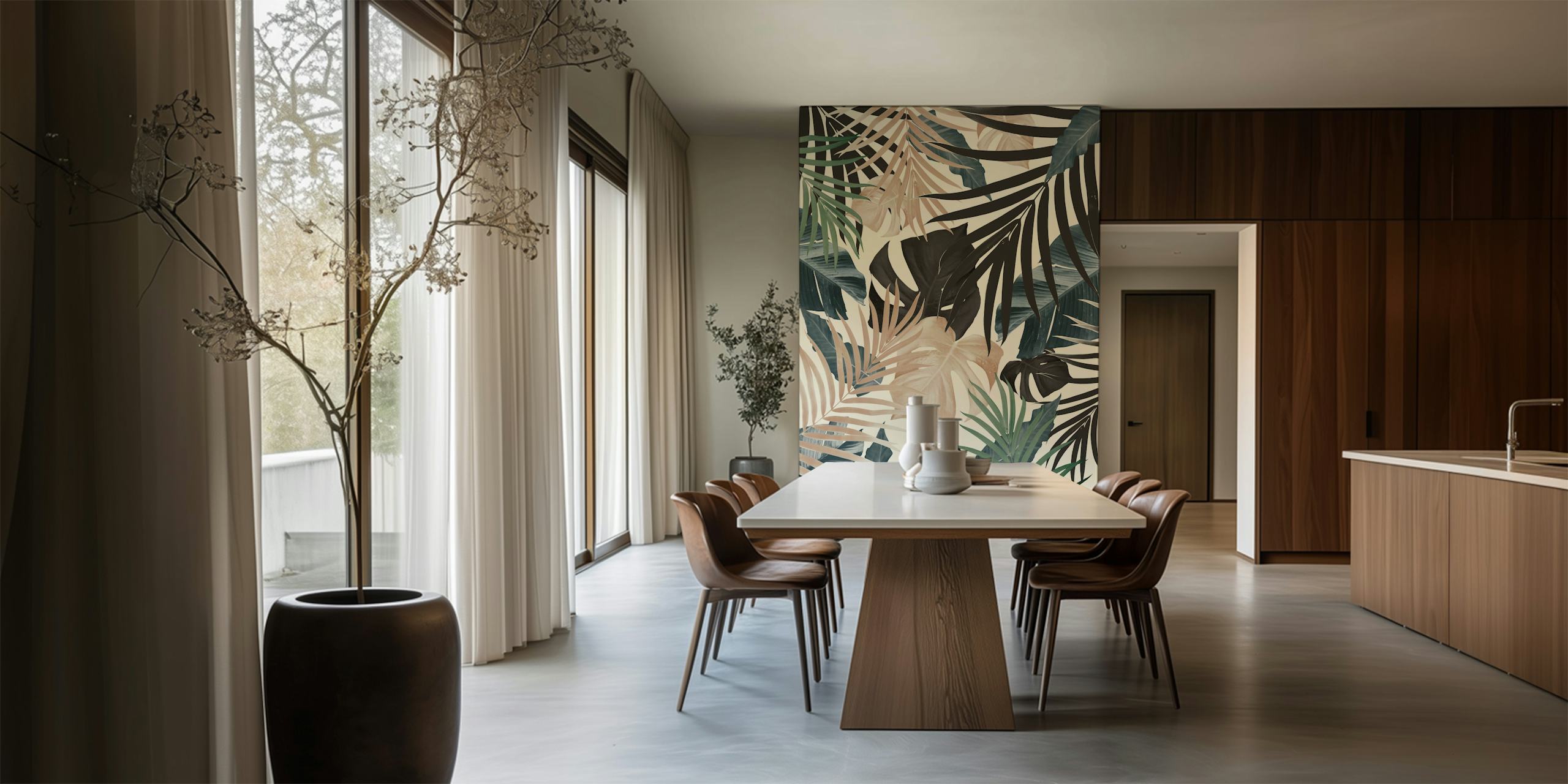 Tropical jungle leaves wallpaper in a room
