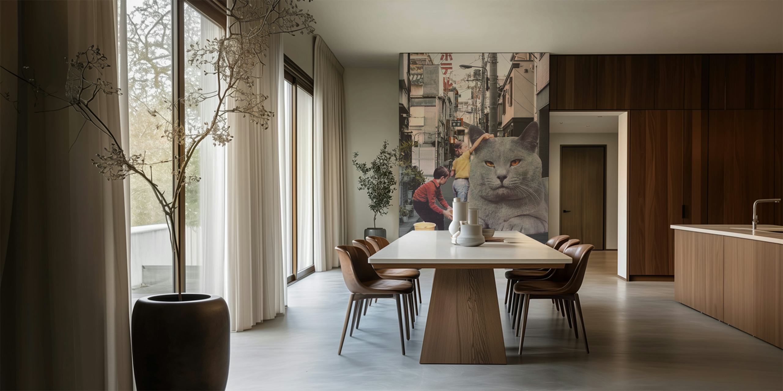 Murale con bambini e gatti giganti in una scena di strada a Tokyo