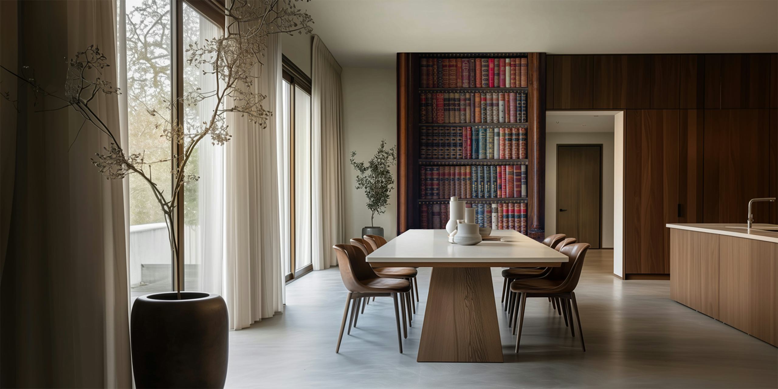 Antique bookshelf with colorful spine books wallpaper