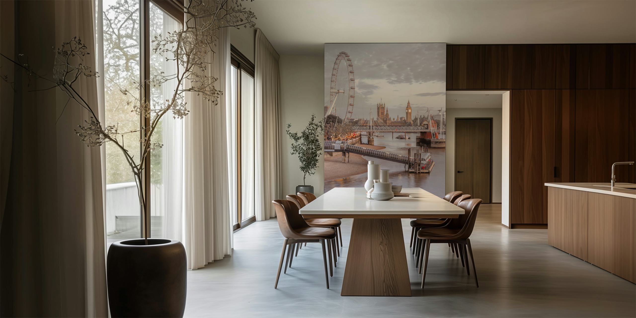 London cityscape featuring the River Thames, London Eye, and Big Ben in soft gray tones wallpaper