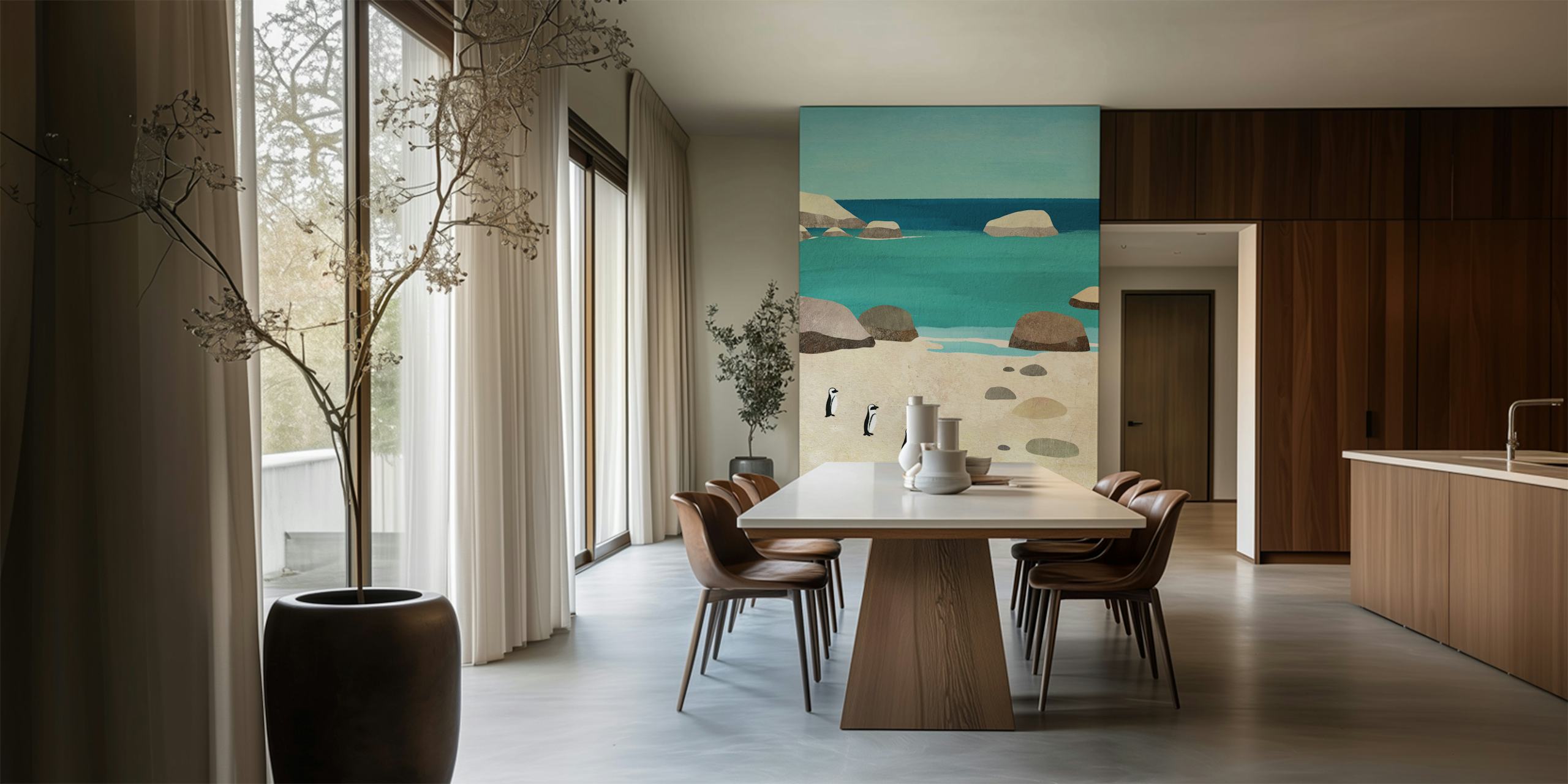 Drie pinguïns op een strand tussen rotsen en oceaan in blauwe tinten wallpaper