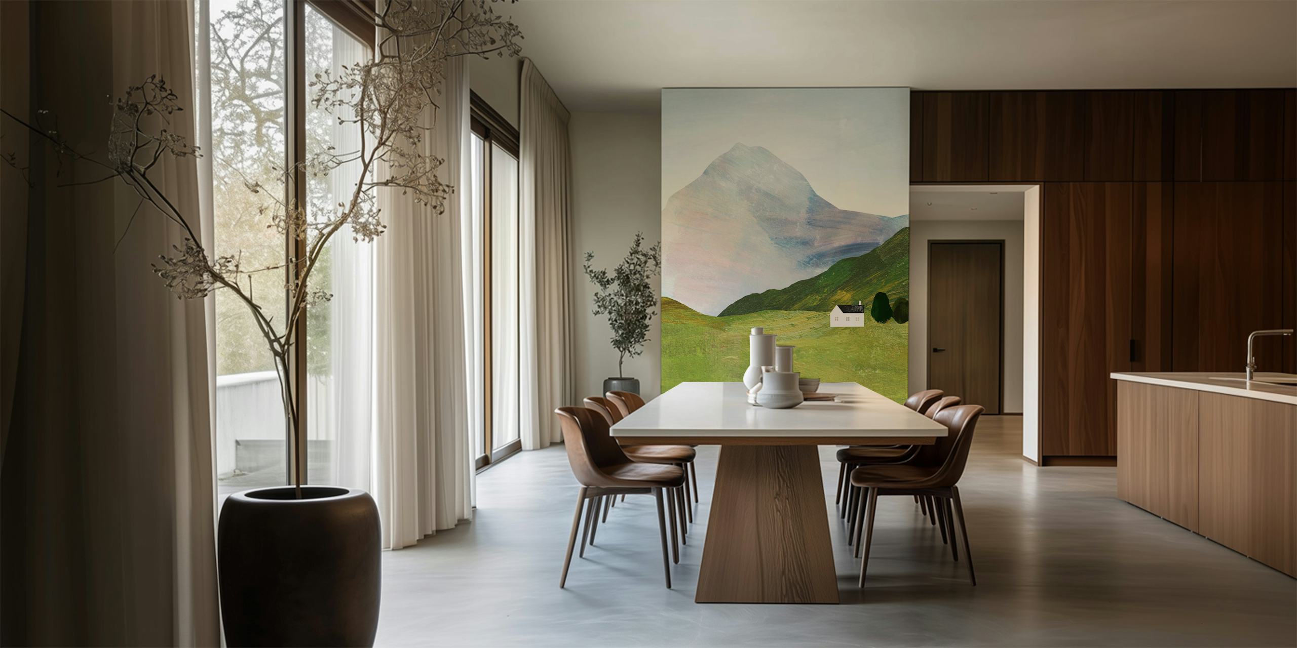 Mountain landscape featuring soft colors and a cabin wallpaper