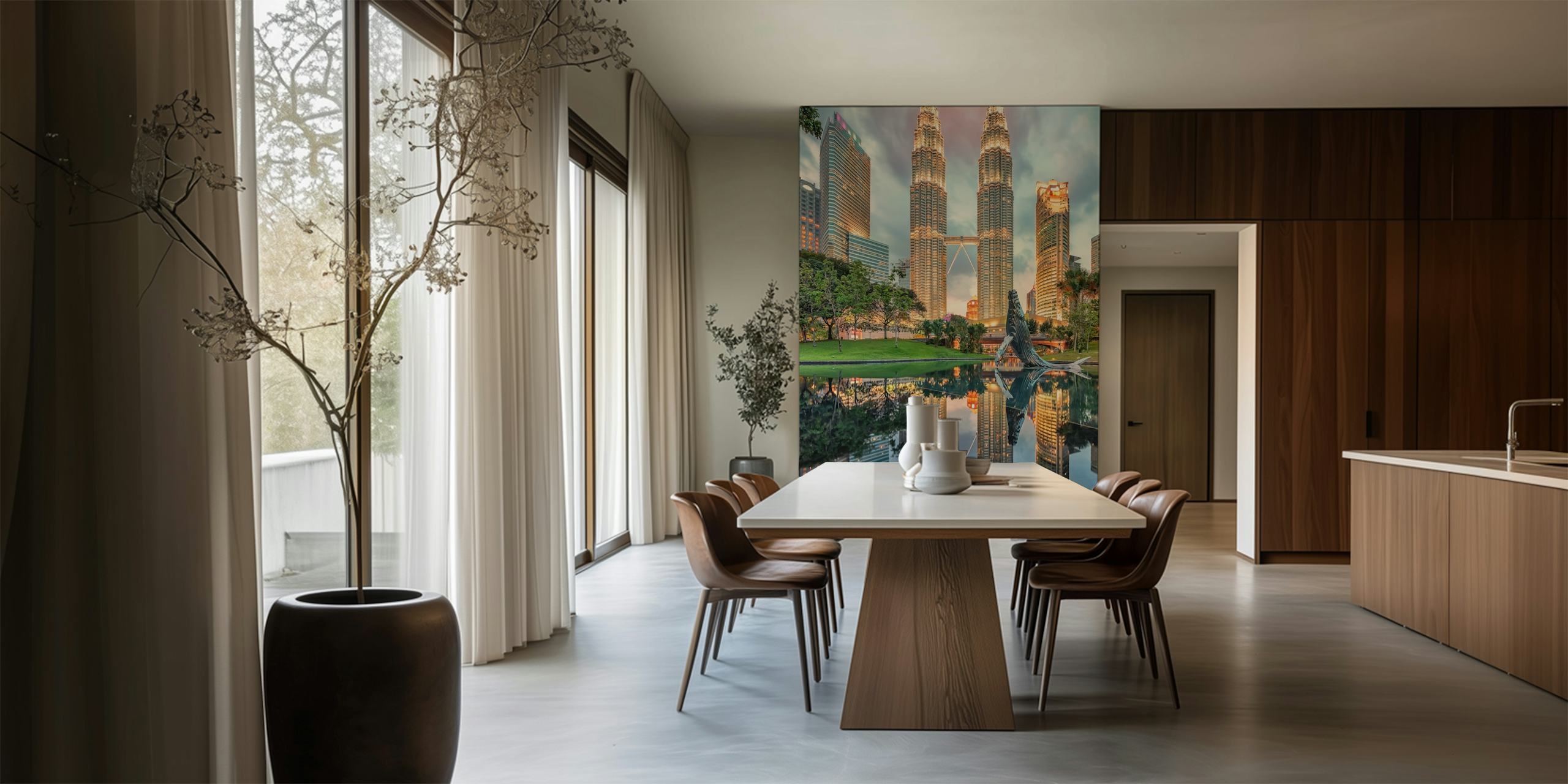 Kuala Lumpur cityscape featuring Petronas Towers, reflecting in water, modern wallpaper