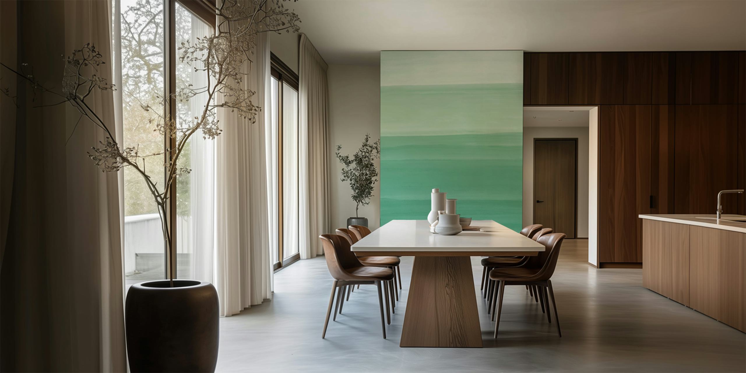 Green watercolor wallpaper in a room