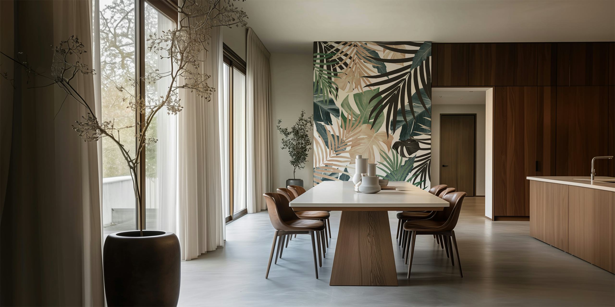 Tropical jungle leaves in green, black, and beige colors wallpaper