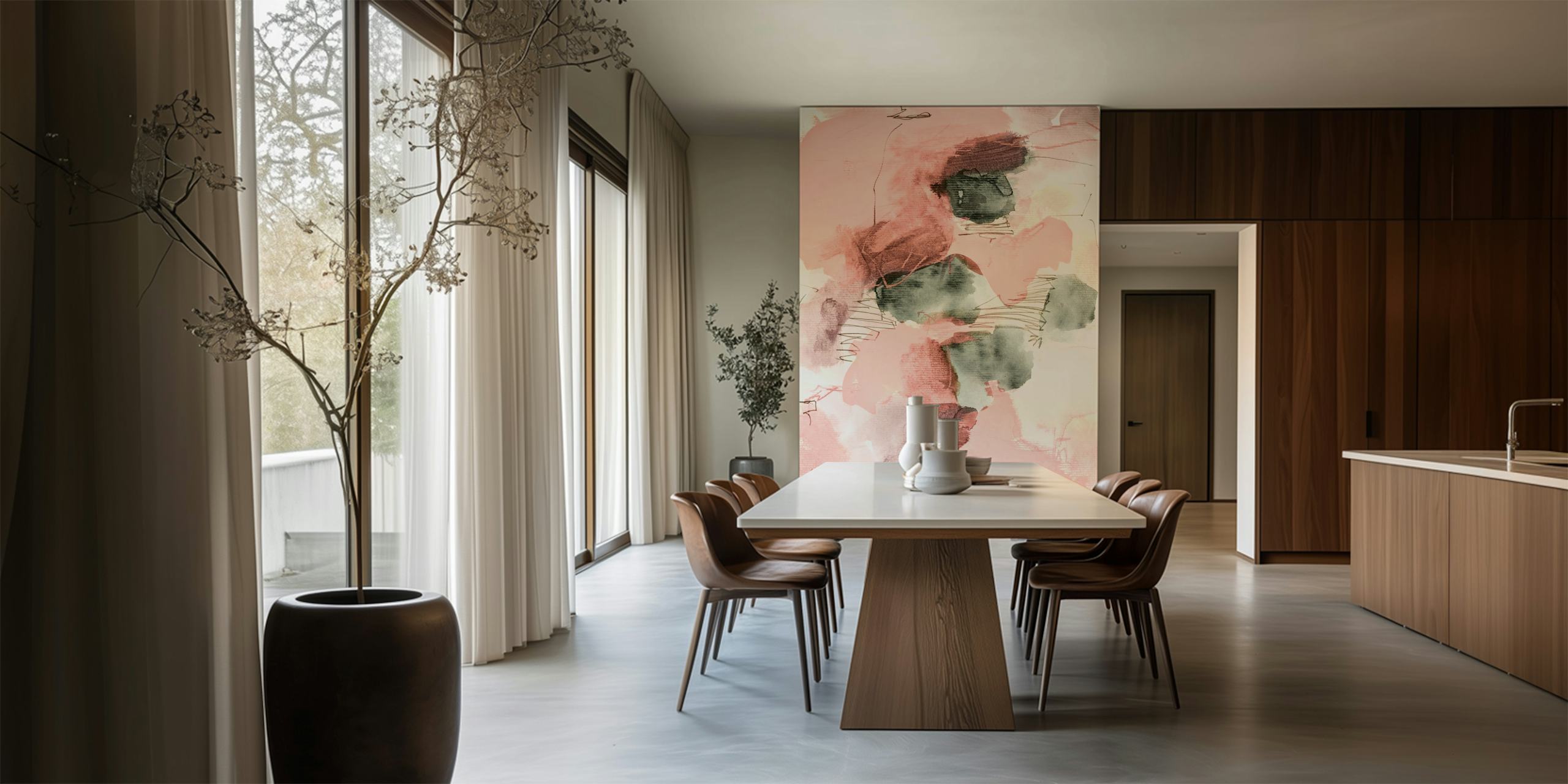 Abstract watercolor design featuring pink and green hues wallpaper