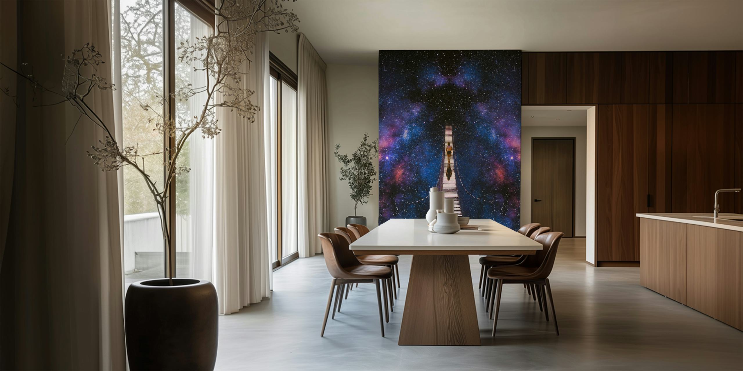 Galaxy themed wallpaper with a starry night sky and bridge pattern