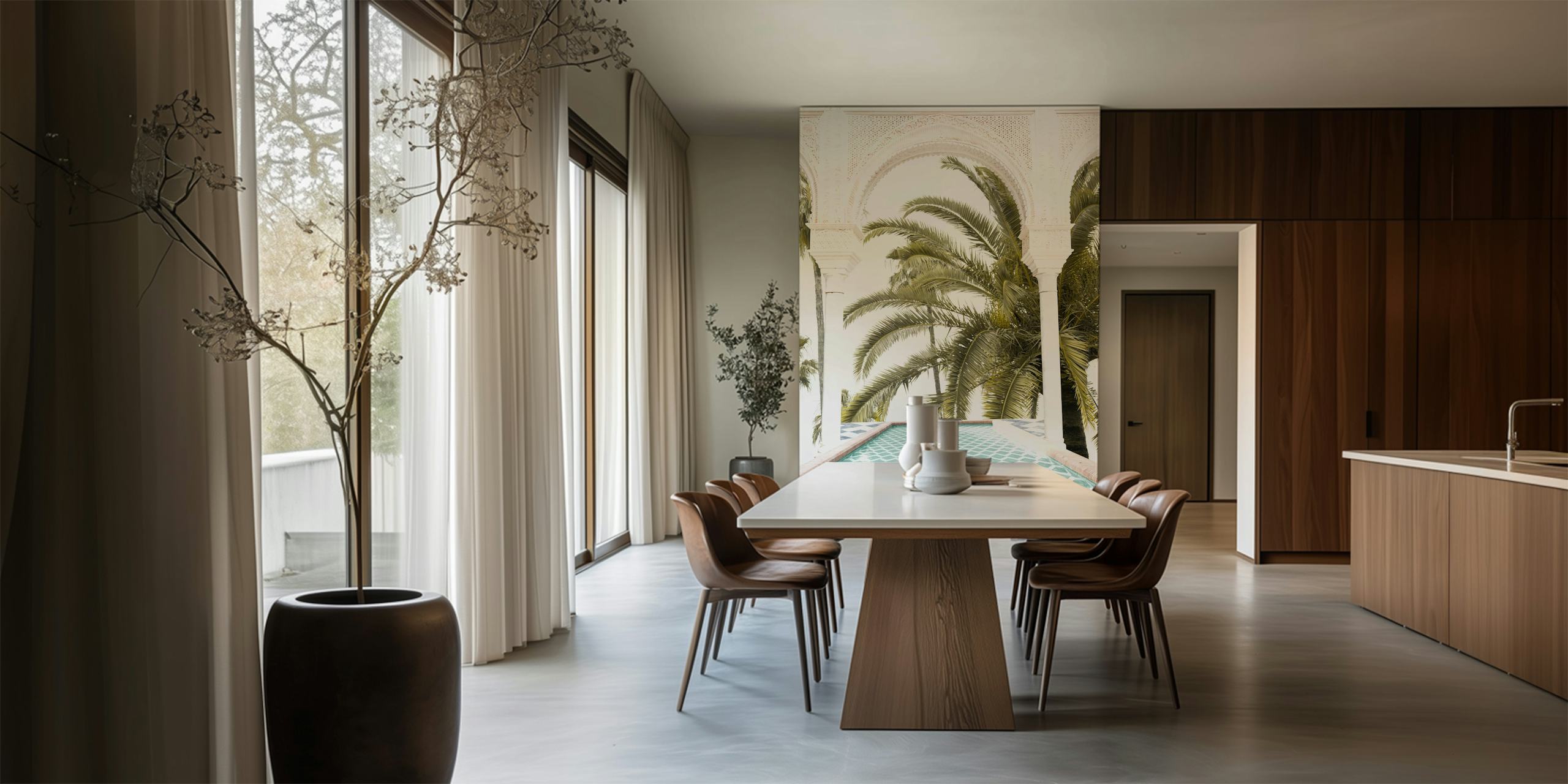 Tropical palm trees and geometric tile design wallpaper