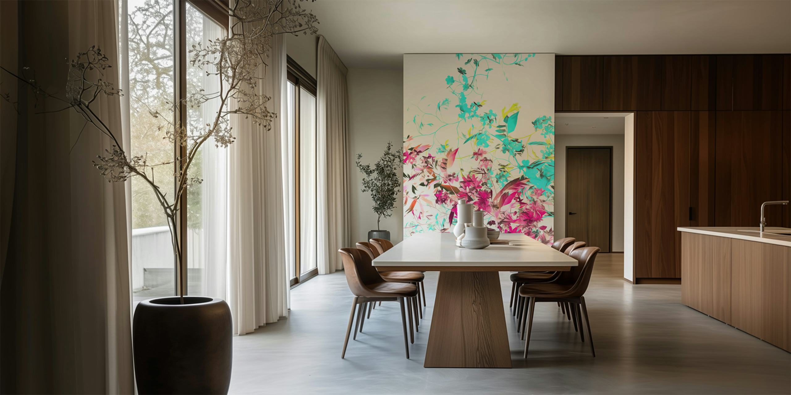 Βαφή τοίχου Vibrant Leaves and Flowers σε ένα δωμάτιο