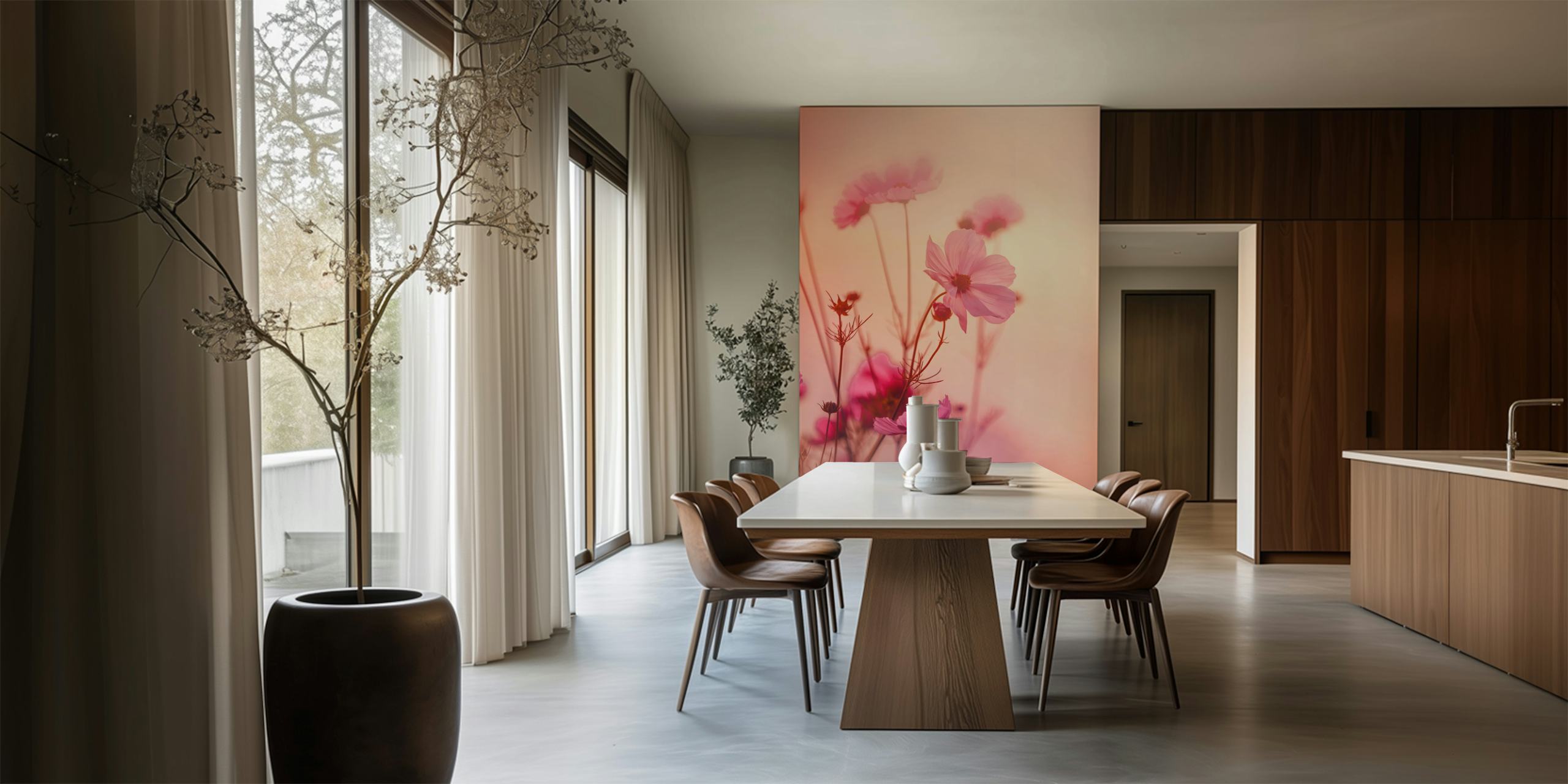 Soft pink floral wallpaper with delicate blooms and green stems