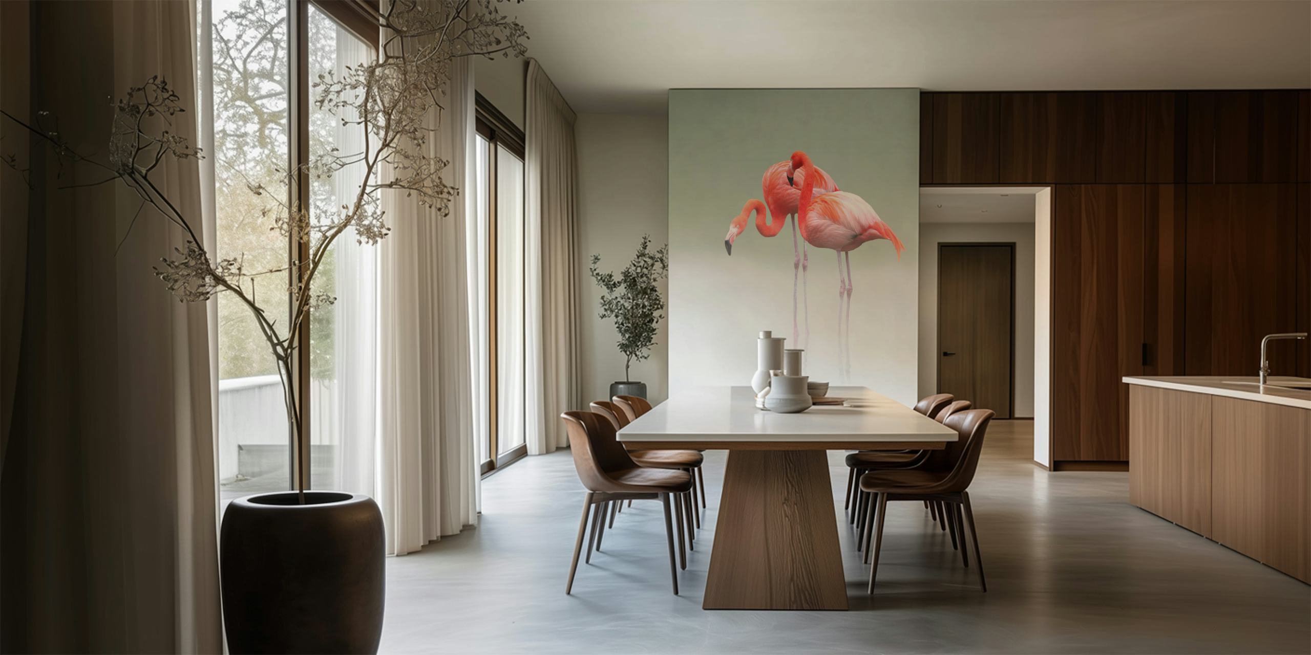 Two pink flamingos standing on a soft mist background, tropical wallpaper