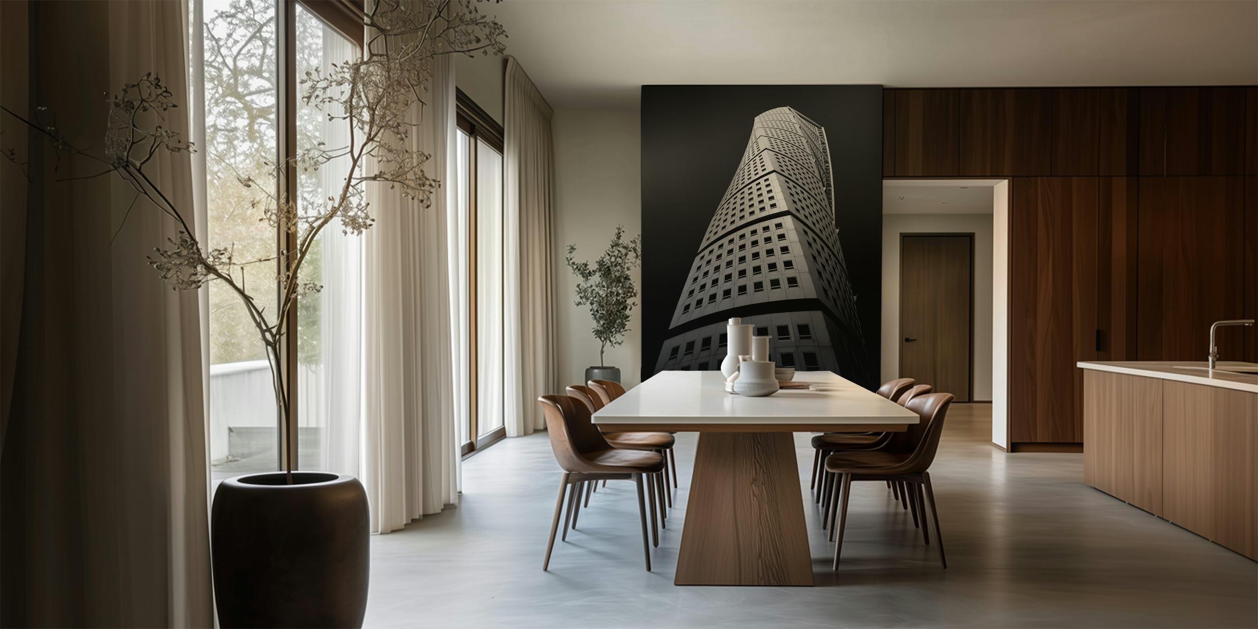 Monochrome wall mural of a twisting skyscraper against a dark sky