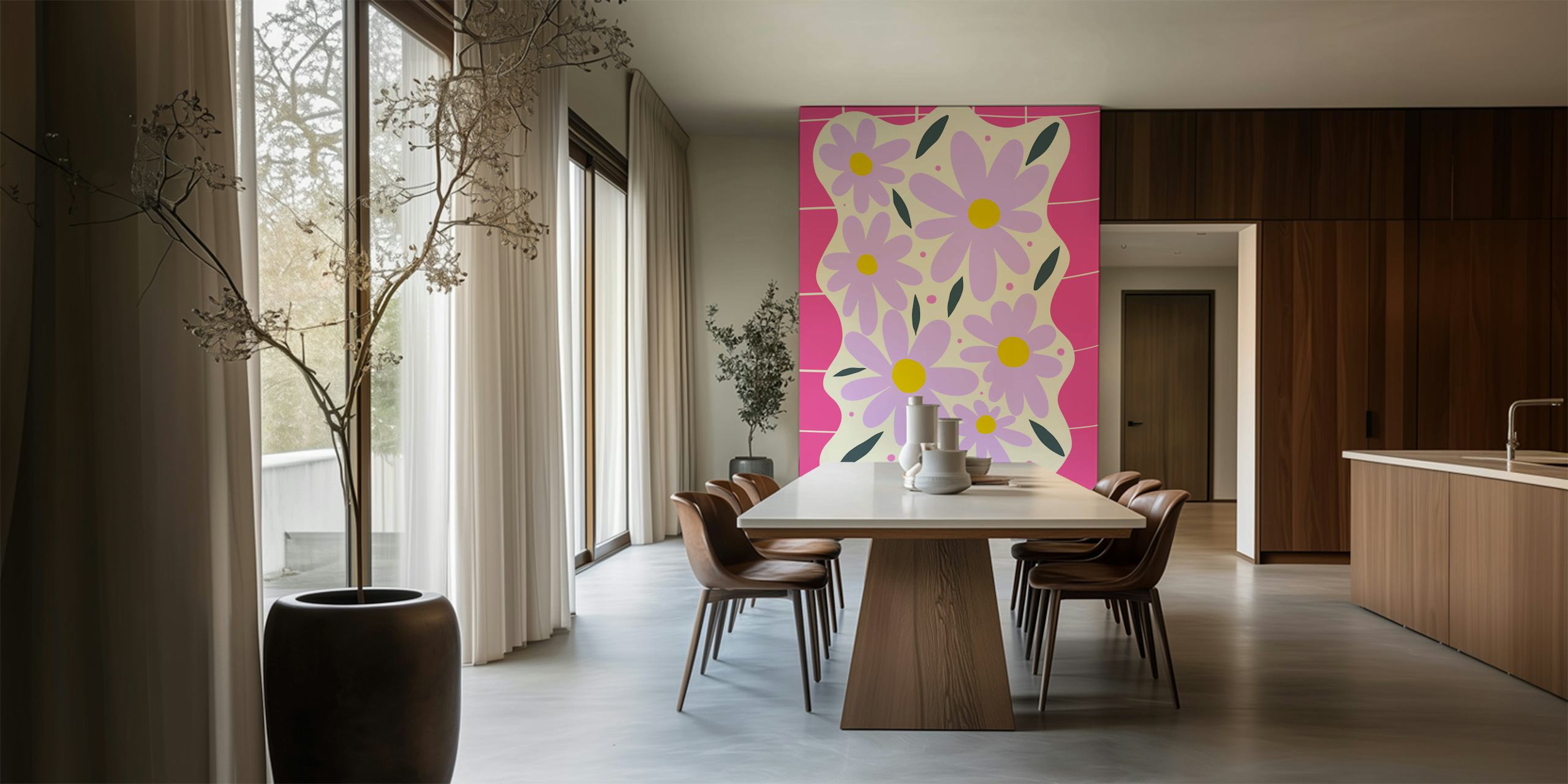 Modern grid flowers wallpaper in a room