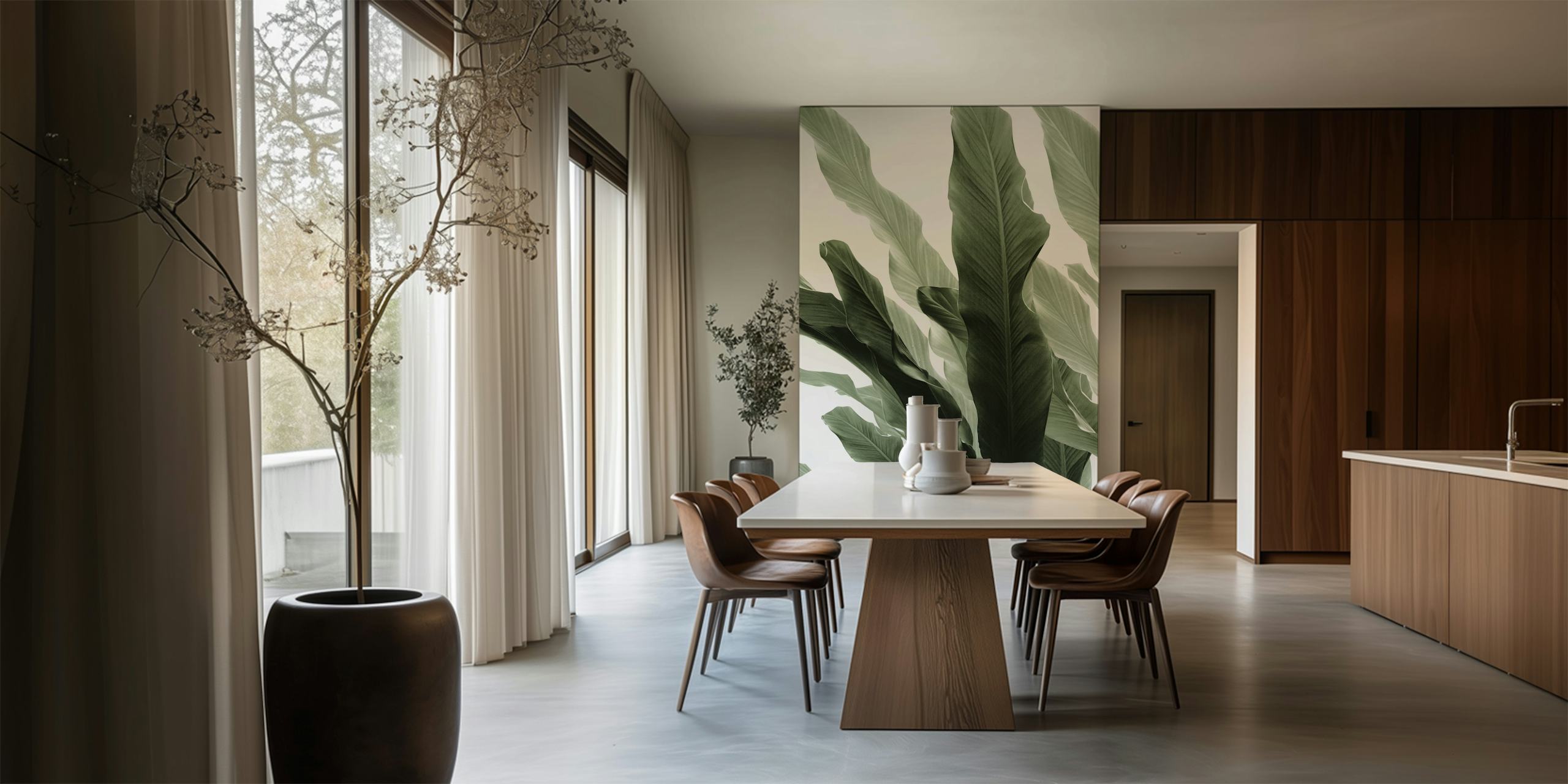 Monochromatic banana leaves wall mural creating a jungle theme