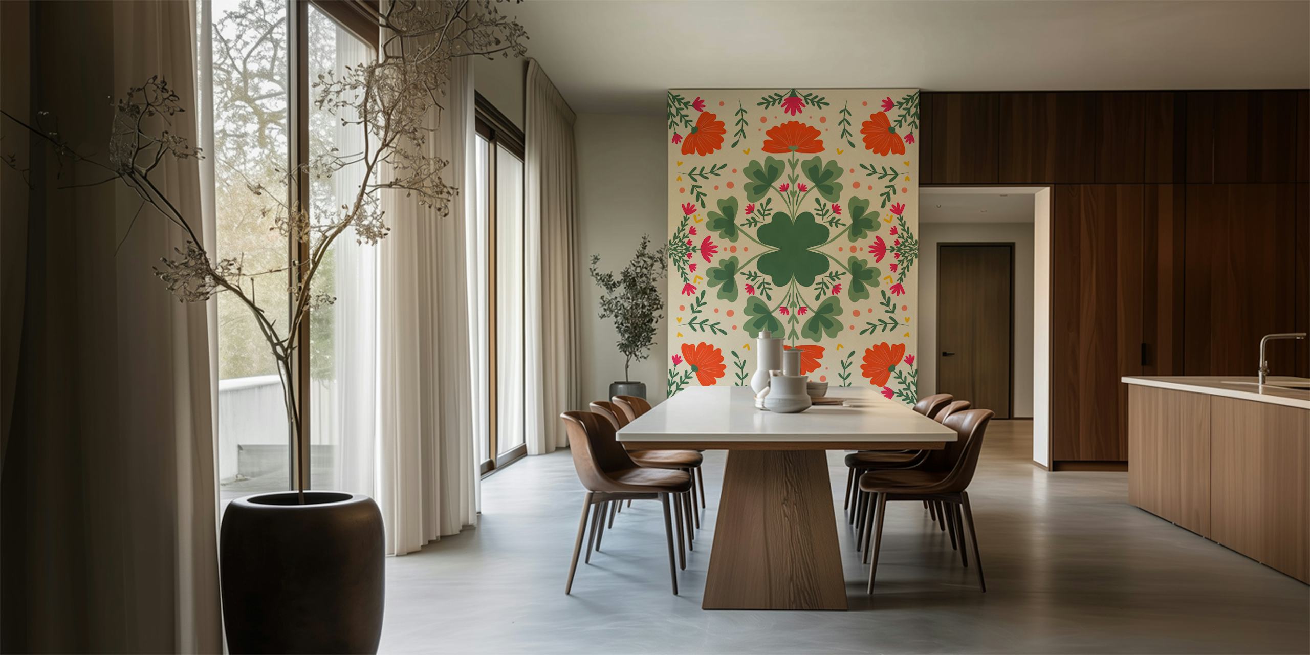 Flowers and clovers behang in een kamer