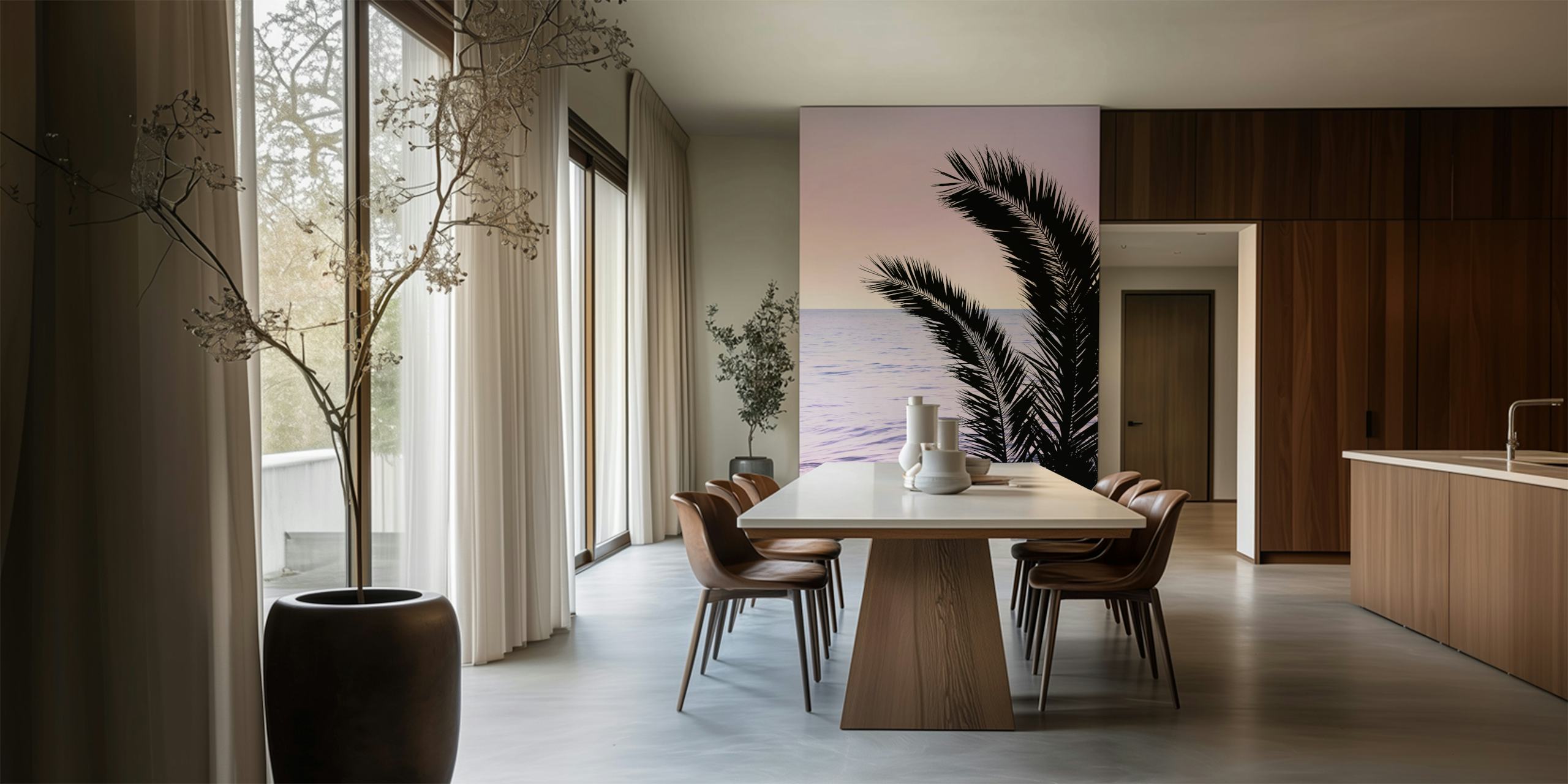 Silhouette of palm leaves with a pink and purple sunset over the ocean in the Palm Ocean Dream 1 wall mural.