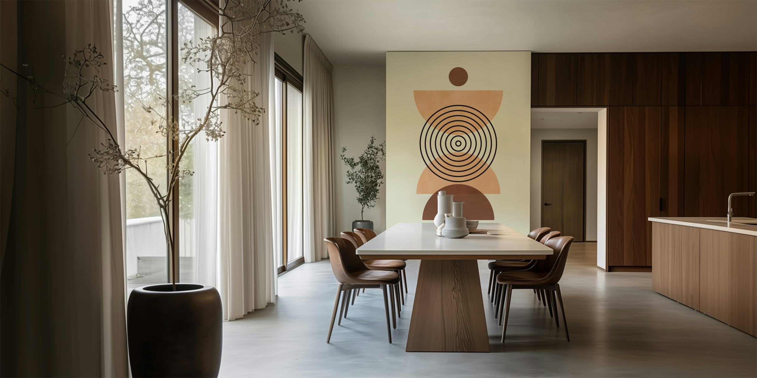 Geometric shapes in beige and brown with black lines wallpaper