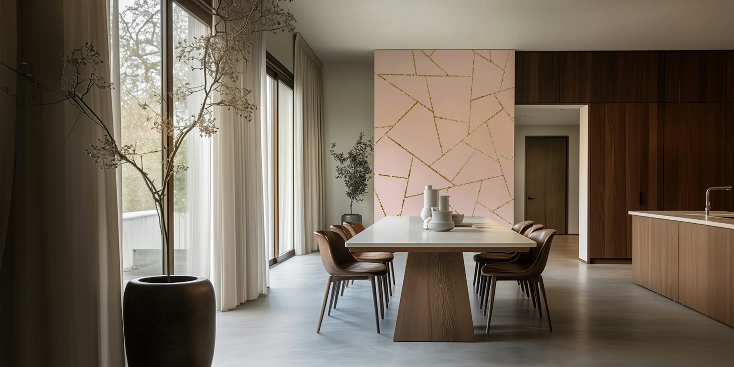 Blush Pink og Gold geometrisk tapet i rommet