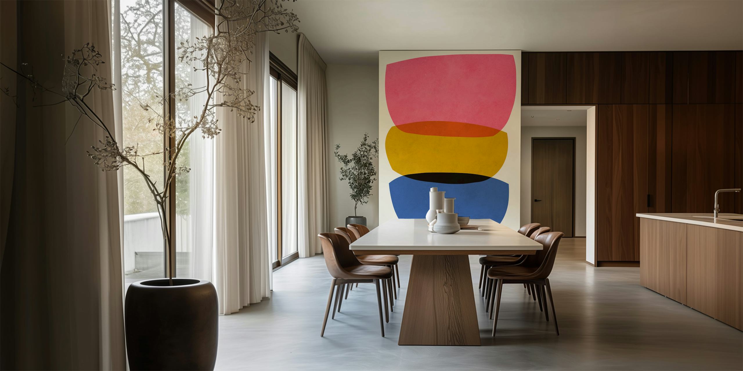 Colorful abstract shapes in pink, orange, yellow, and blue wallpaper