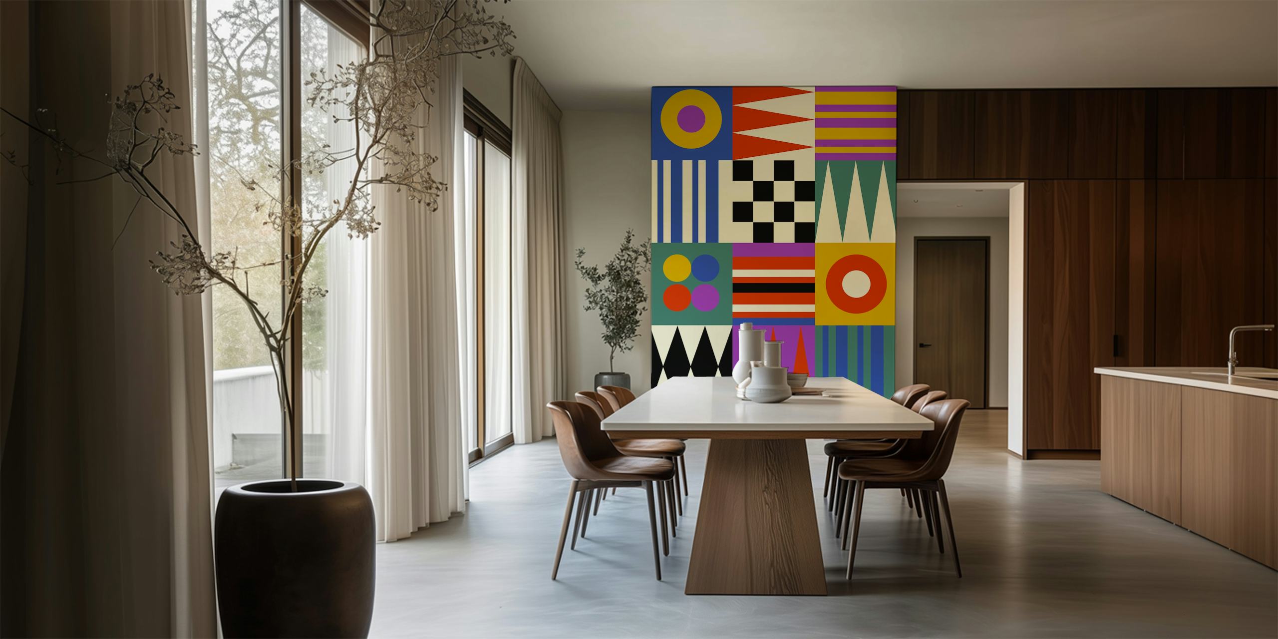 Colorful geometric patterns in squares and stripes wallpaper