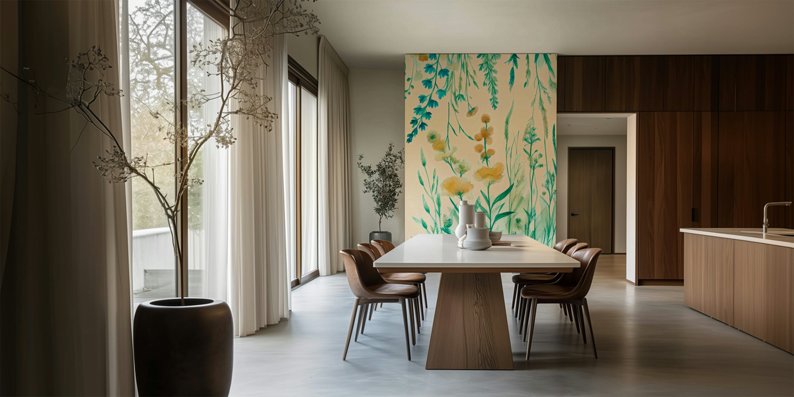 Floral green and yellow design with delicate herbs and flowers wallpaper