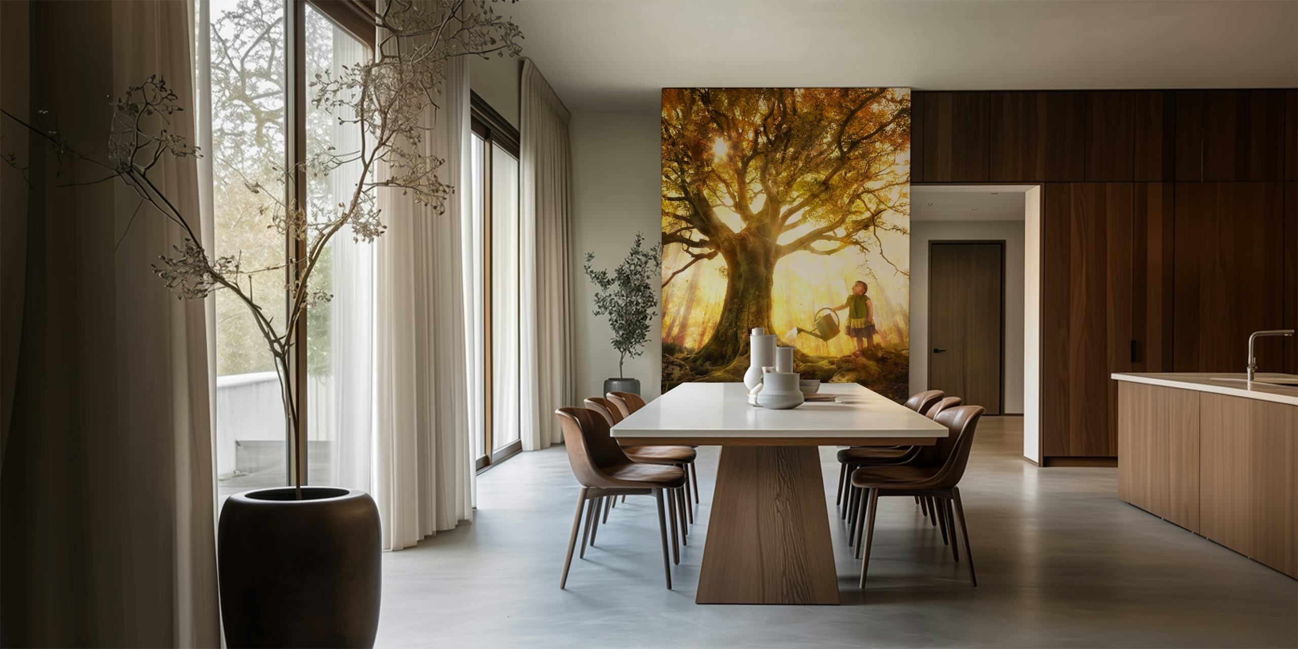 Whimsical tree with warm golden light and a child watering it wallpaper