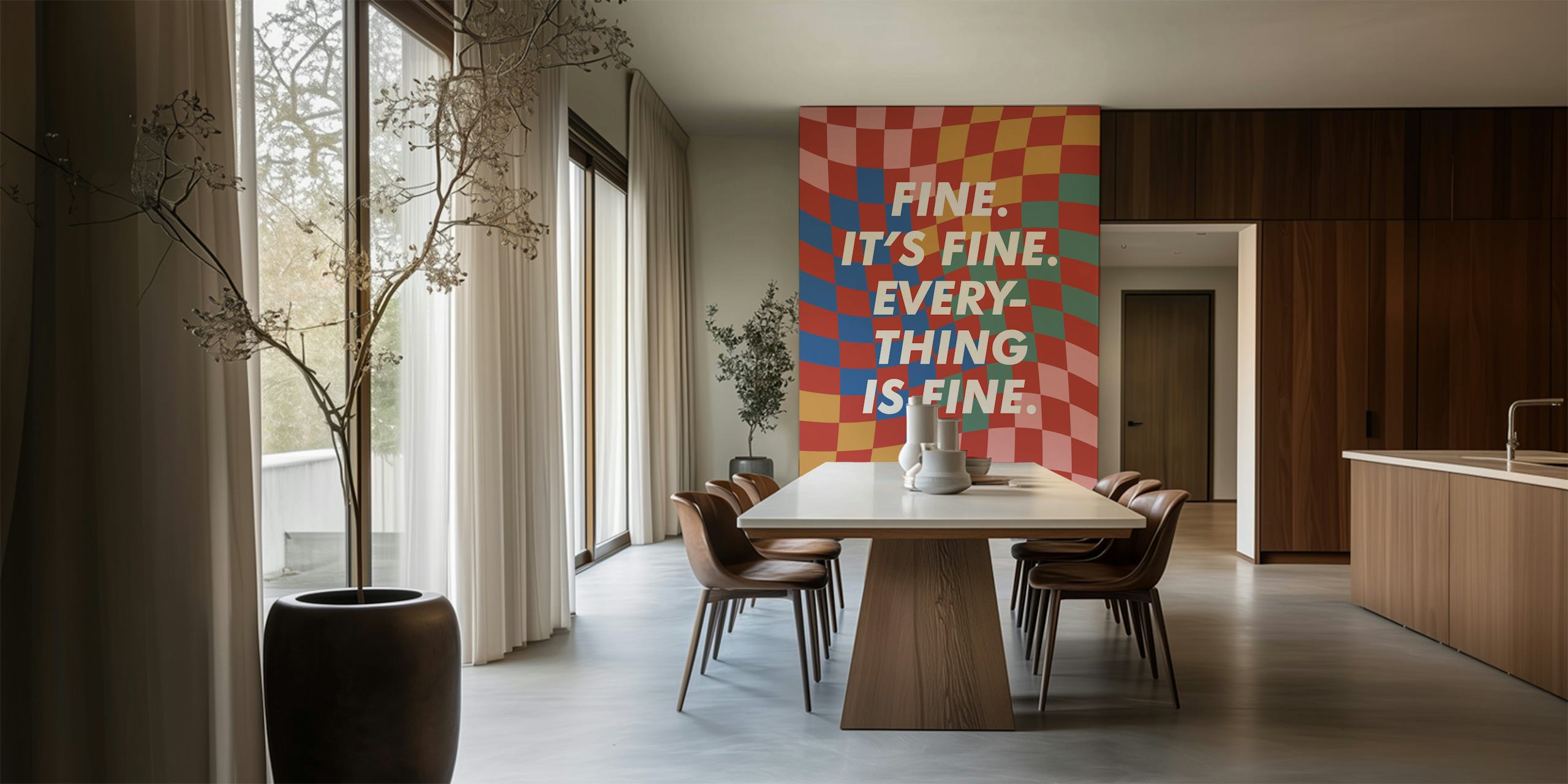Colorful wallpaper with positive messaging in a room