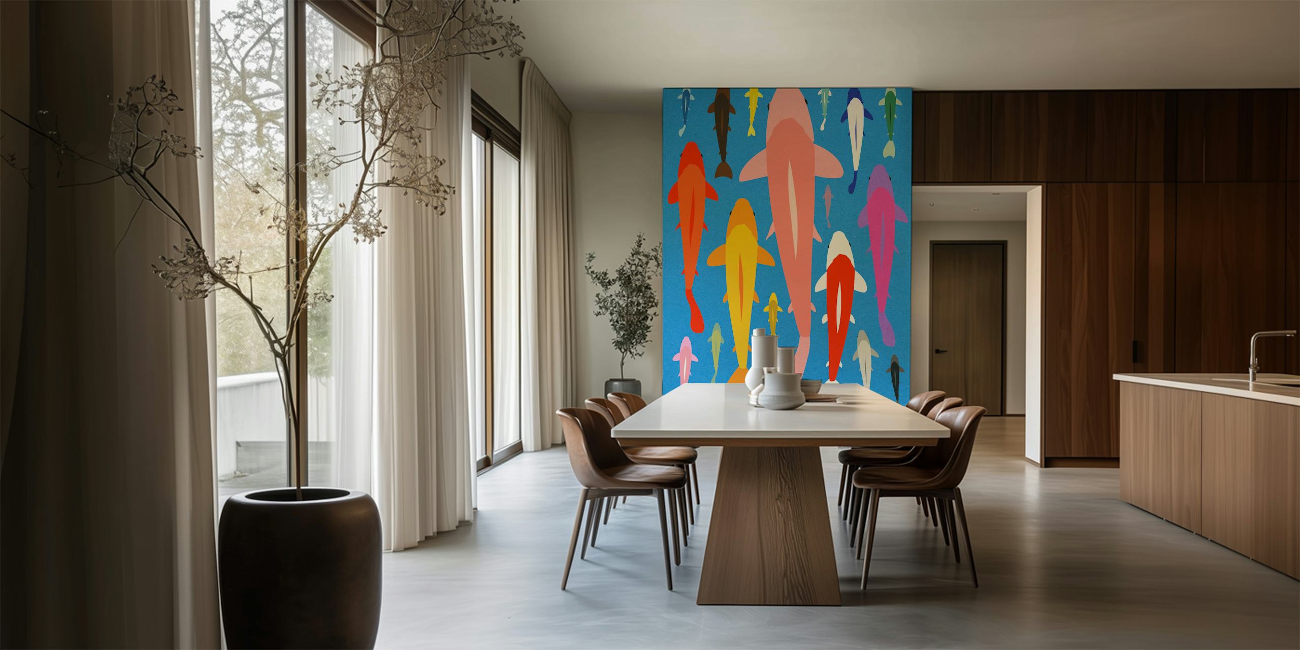 Kleurrijke Koi Vissen Muurdecoratie op Blauwe Achtergrond