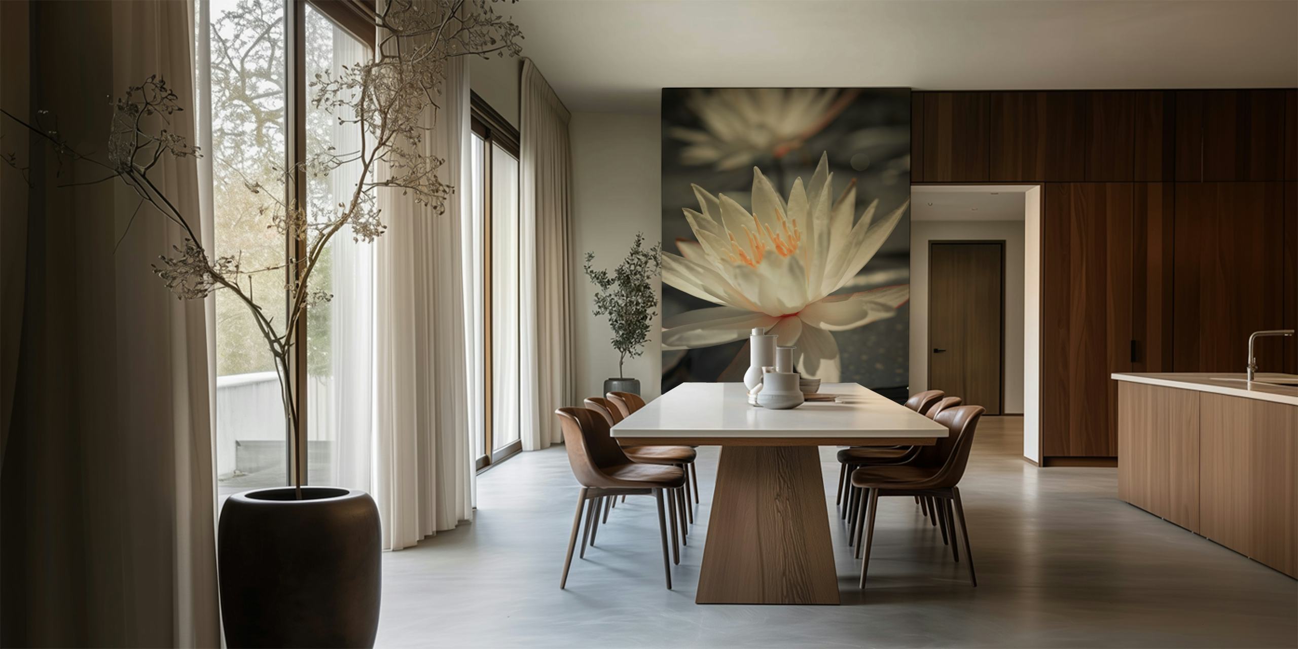 White water lilies on dark background wallpaper