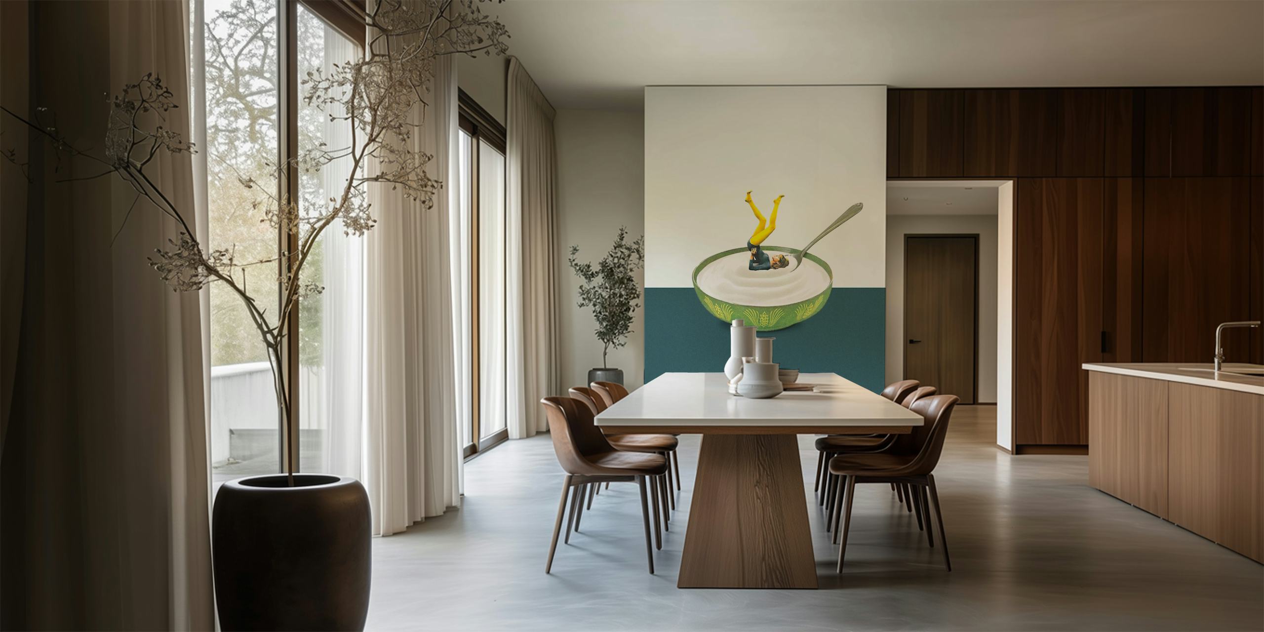 Illustration of a green bowl with yogurt and a figure. Quirky wallpaper.