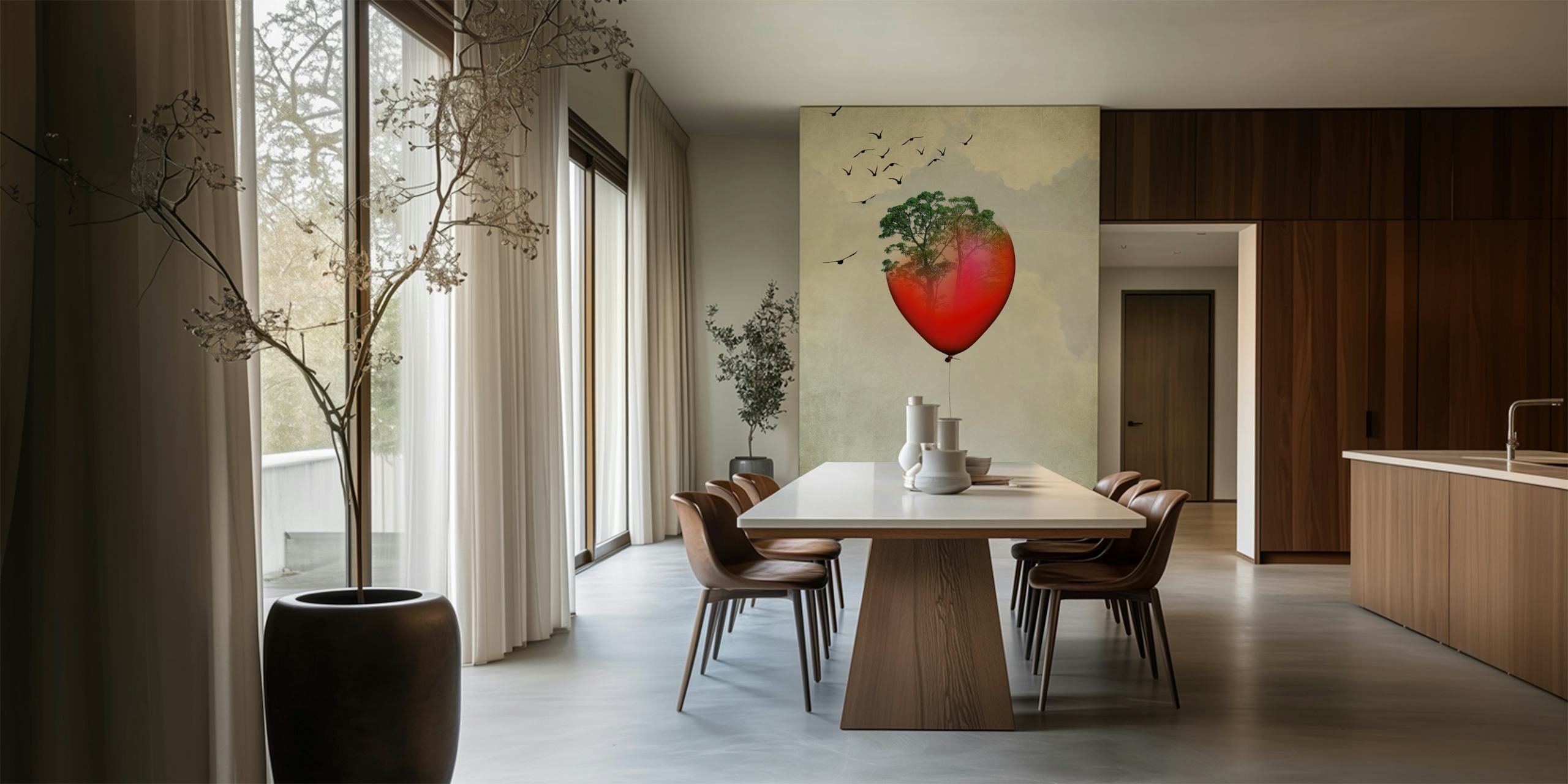 Red balloon with tree design and birds mural wallpaper