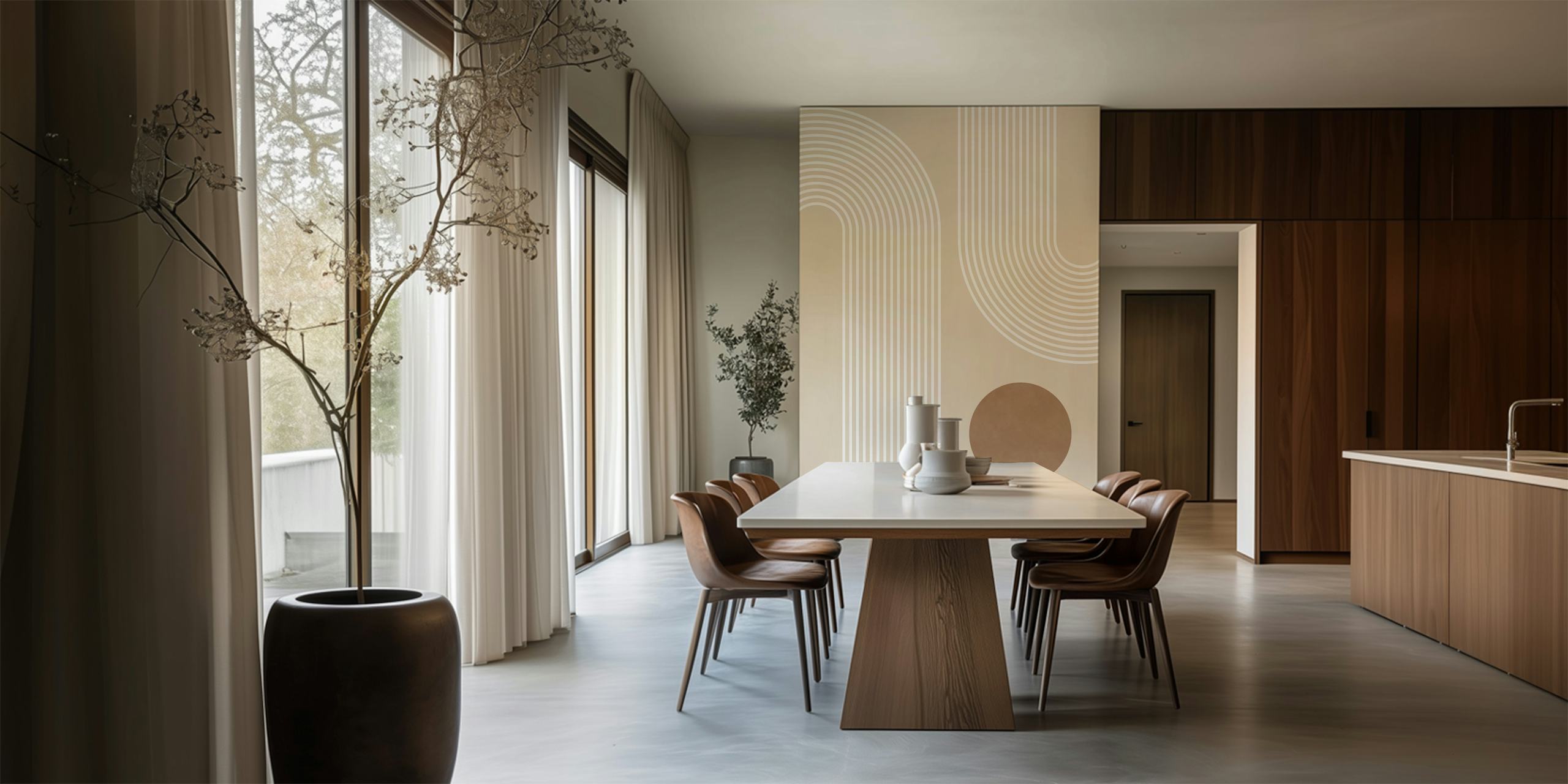 Beige Arc Poster No1 wall mural with abstract curved lines and circle