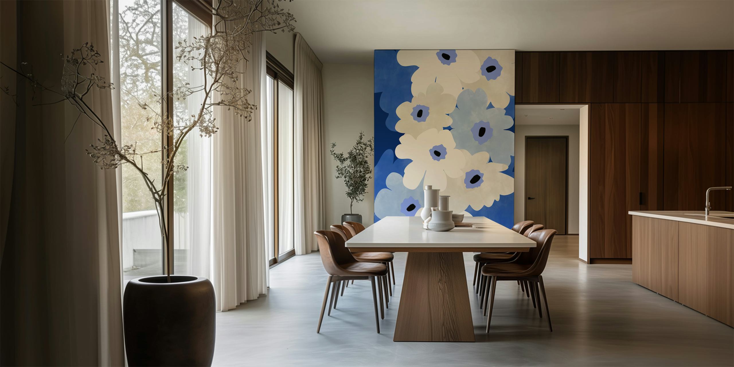 Indigo en witte bloemen muurschildering in een beeldverhouding van 3x4