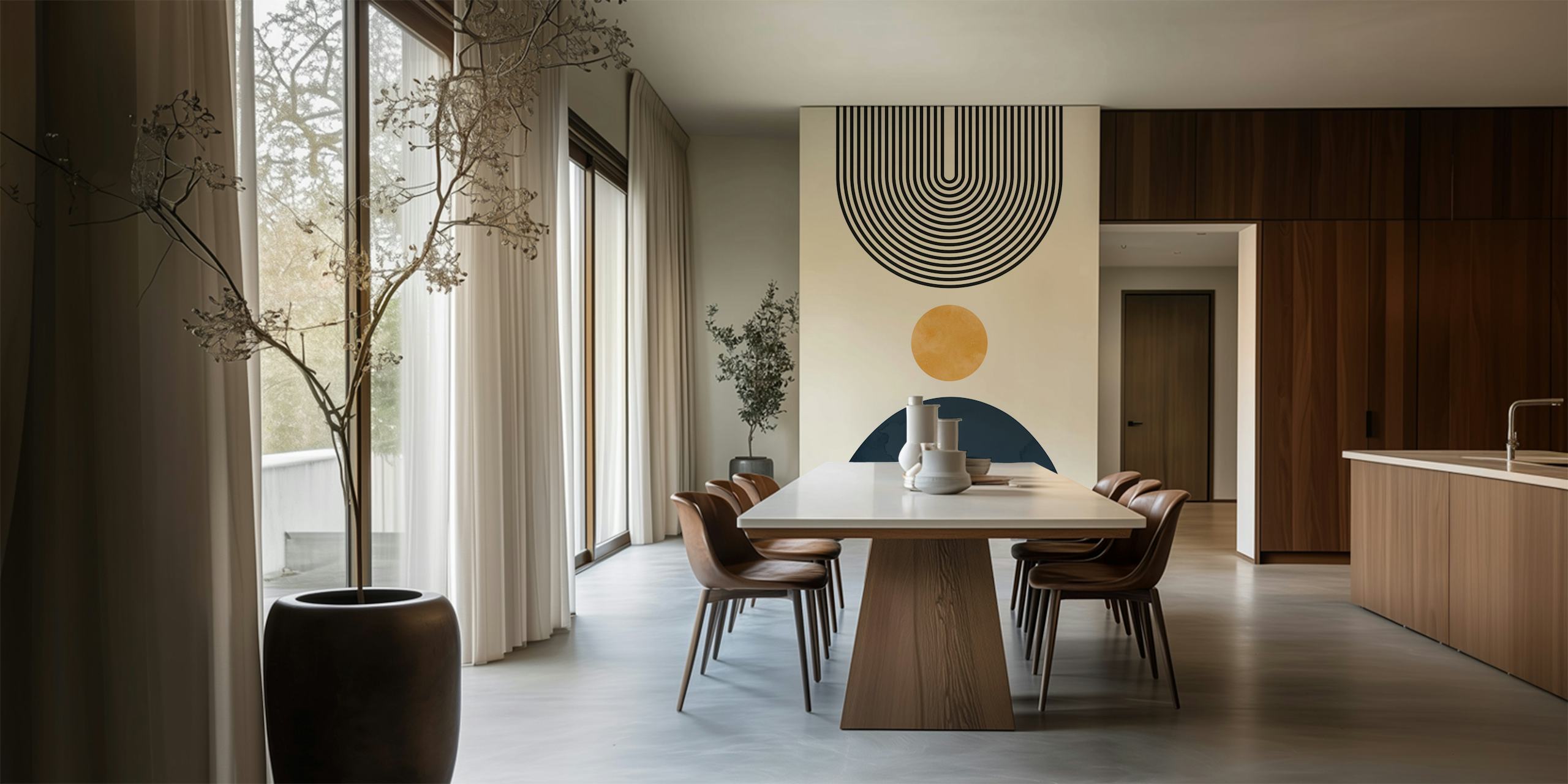 Geometric lines and circles in black and gold on beige wallpaper