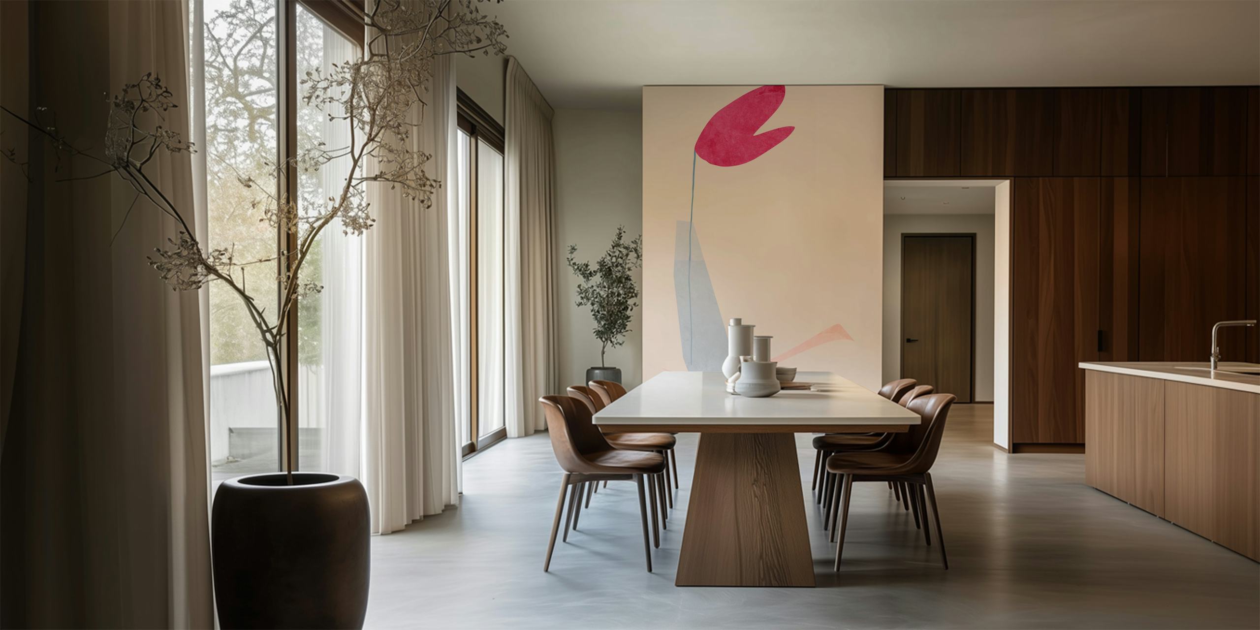 Abstract minimalist wall mural of a pink heart shape balanced on a slender form with a pastel backdrop