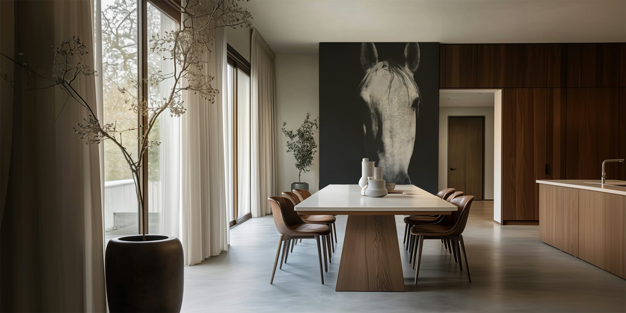 Hoofd van een wit paard met tattoo-achtige patronen, zwart-wit wallpaper